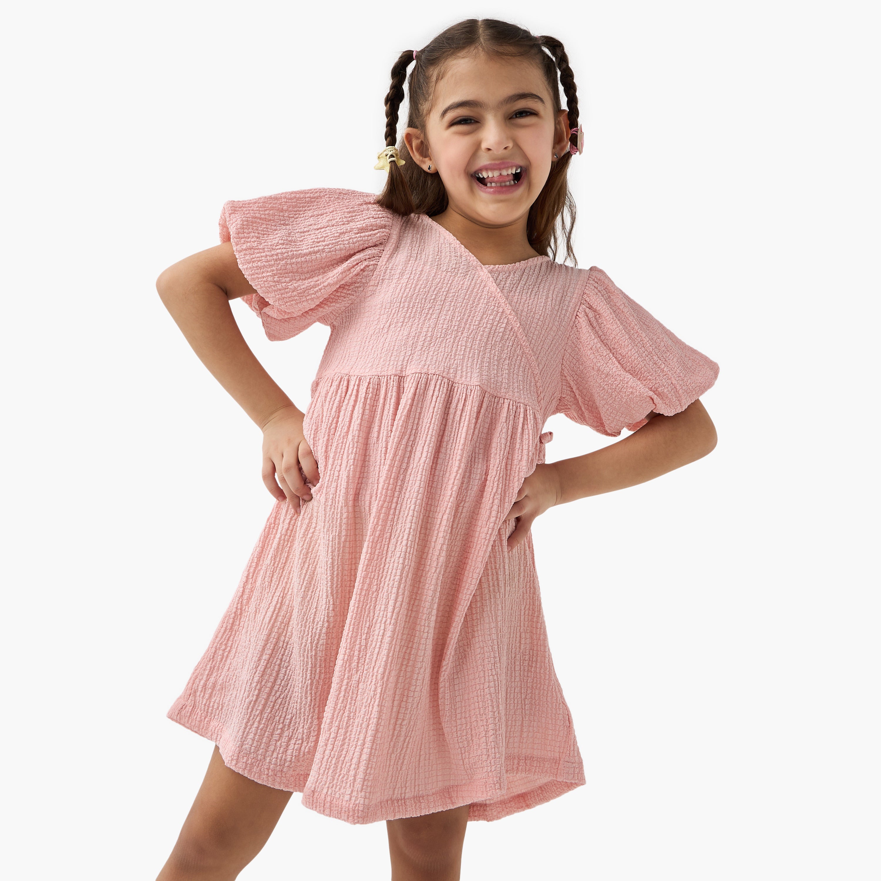 Juniors Textured A-line Dress with Puff Sleeves and V-neck