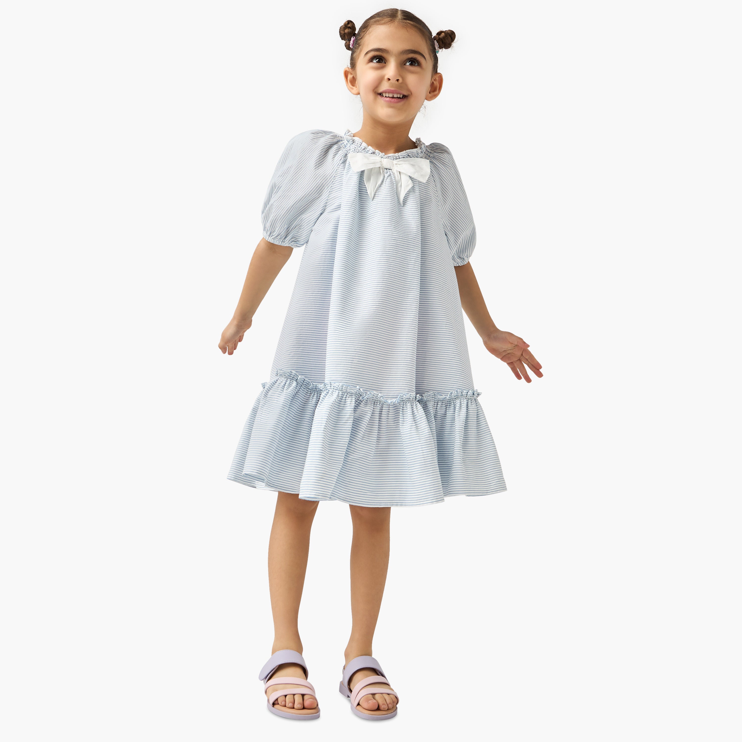Juniors Striped Dress with Bow Accent and Flounce Hem