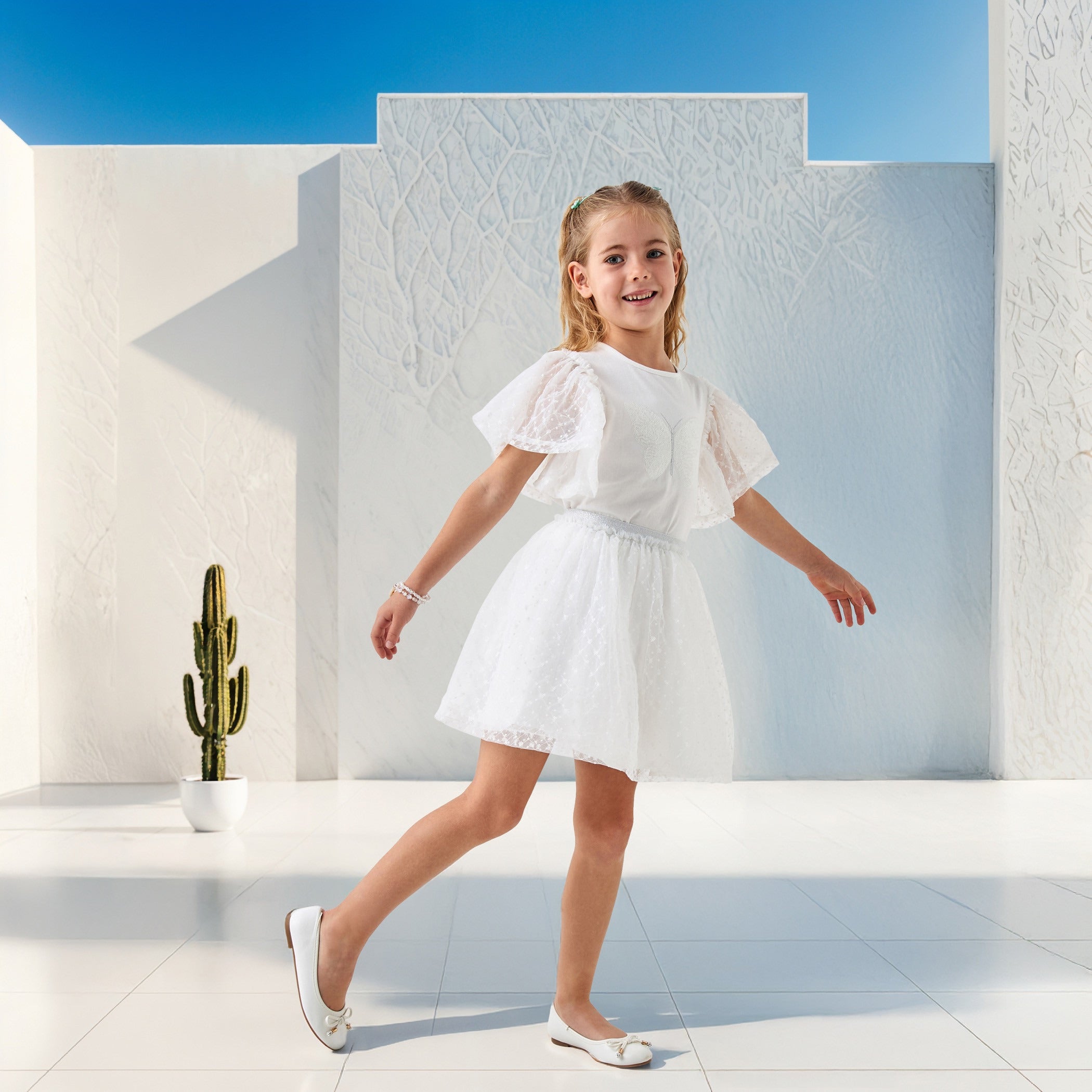 Juniors Butterfly Sequinned Top and Skirt Set - White / 5-6 yrs