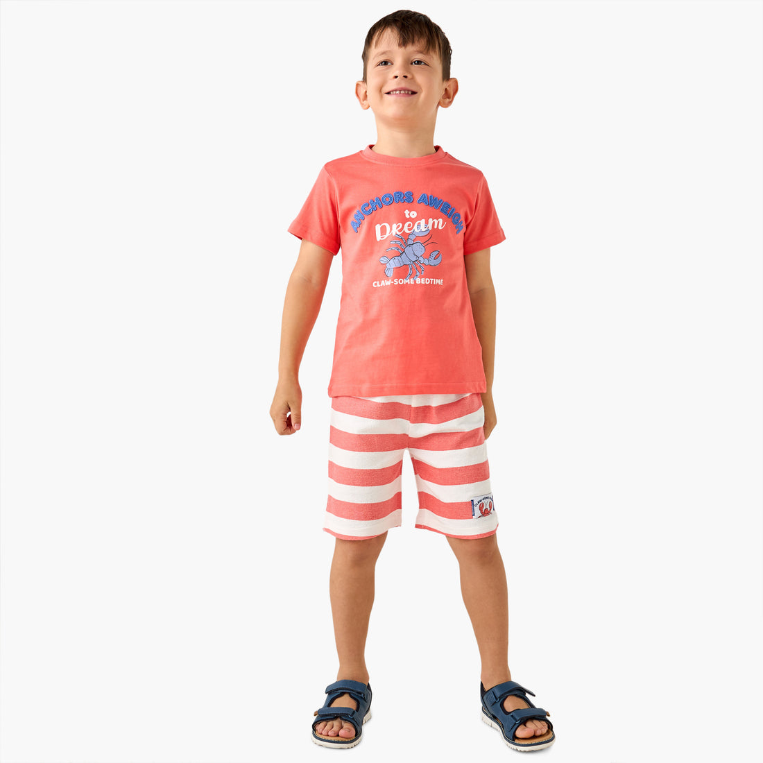 Juniors Lobster Print T-shirt and Striped Shorts Set - Orange / 2-3 yrs