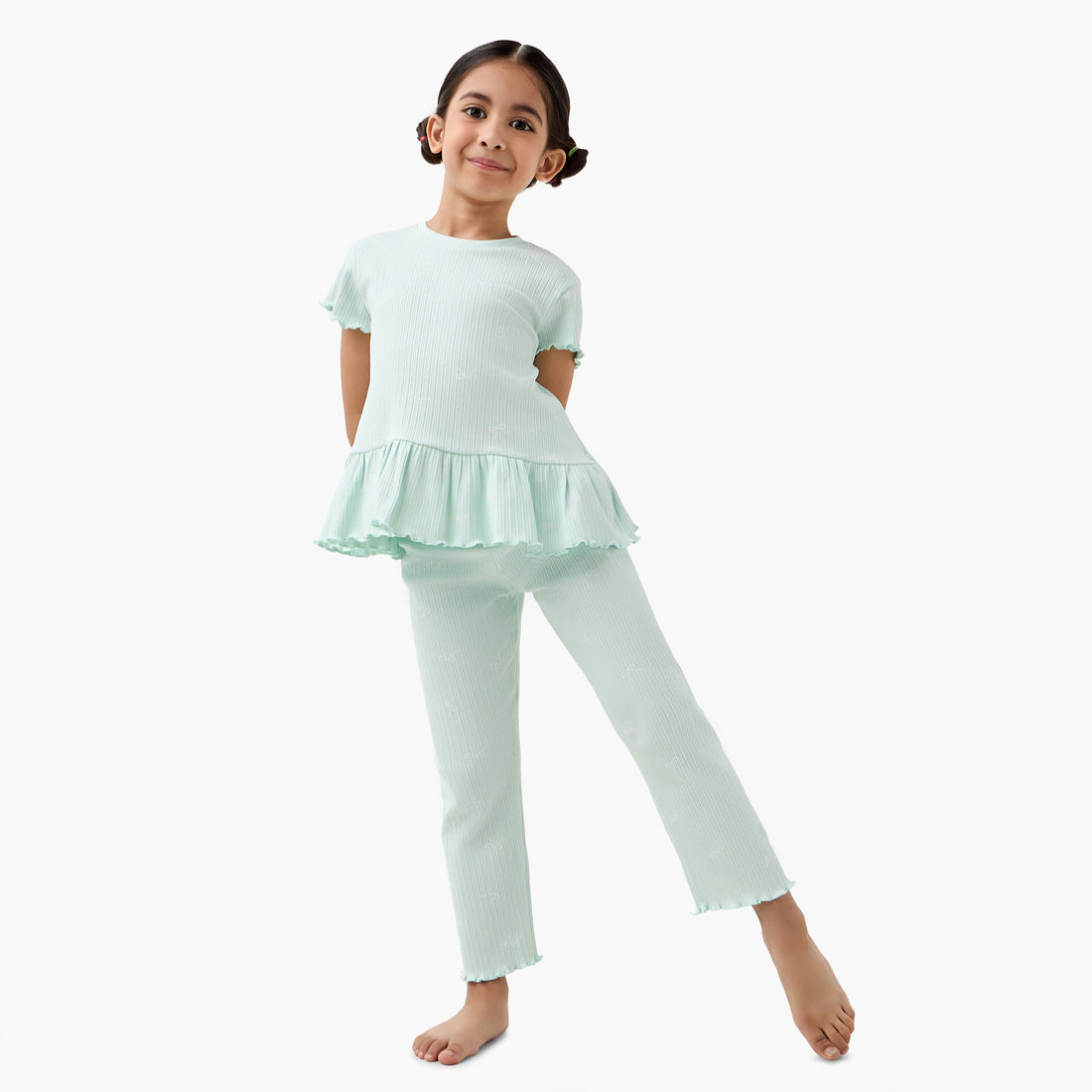 Juniors Bow Print Top and Pyjama Set - Green / 7-8 yrs