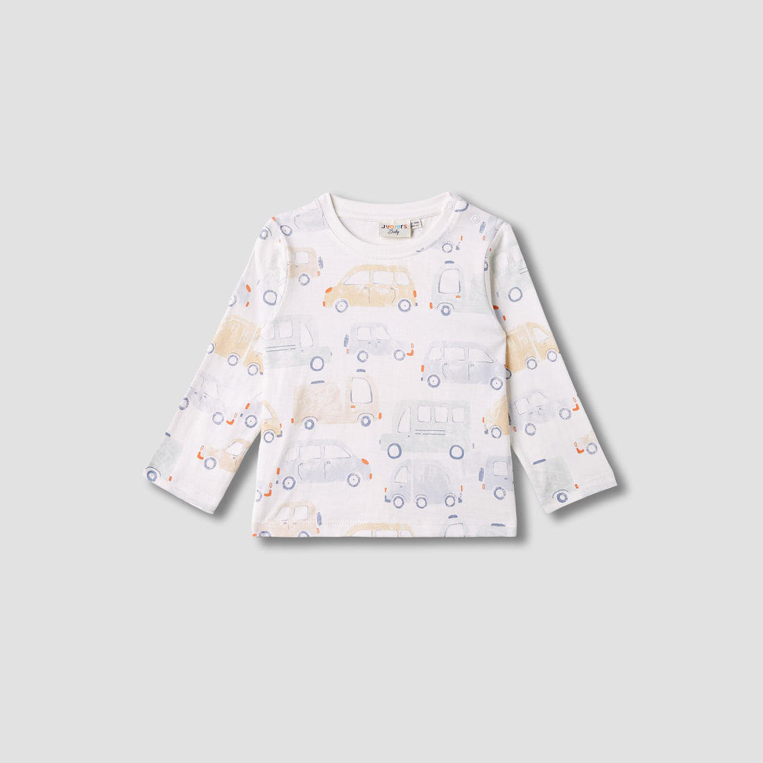 Juniors Car Print Crew Neck T-shirt with Long Sleeves - White / 12-18 mths