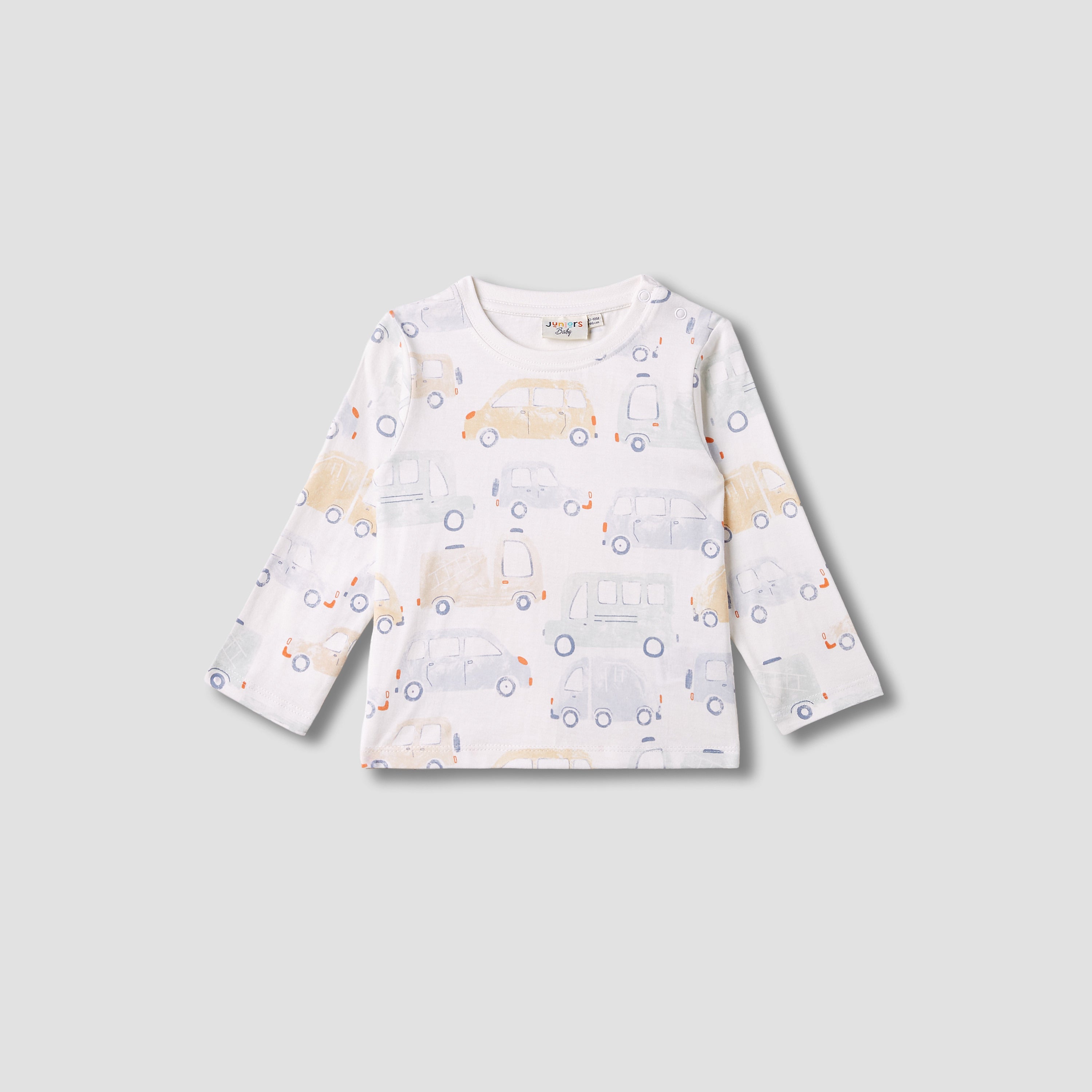 Juniors Car Print Crew Neck T-shirt with Long Sleeves - White / 12-18 mths