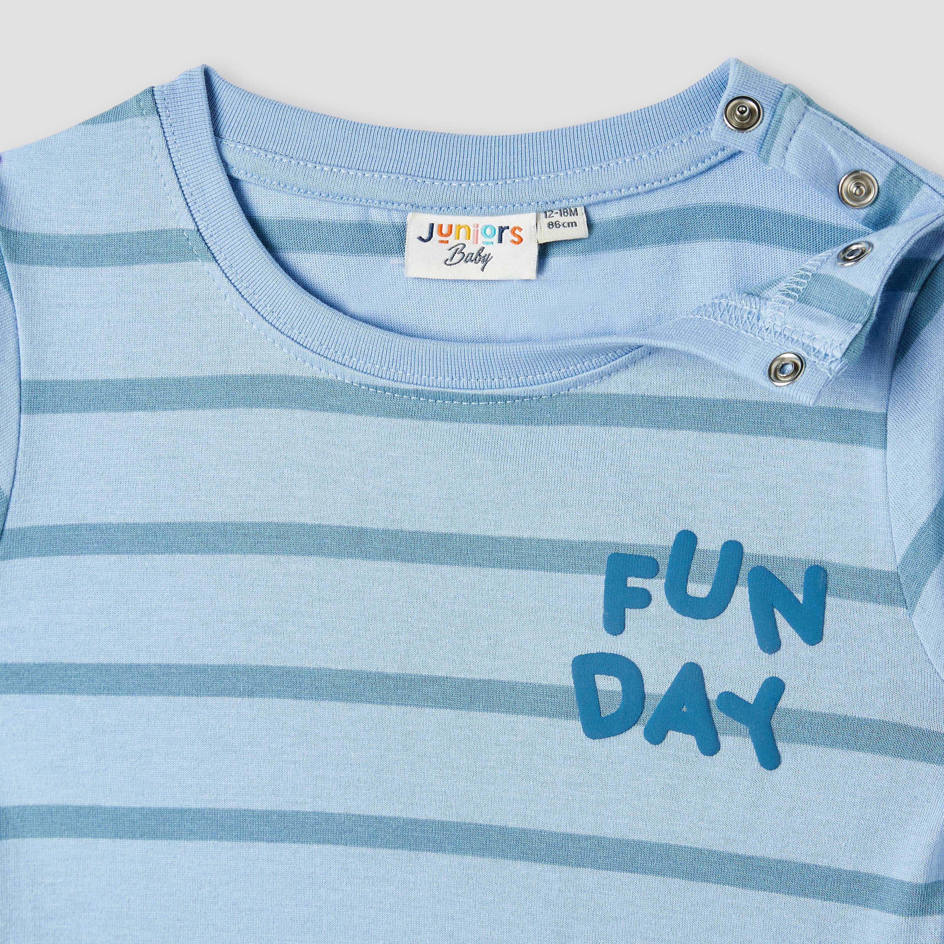 Juniors Striped Slogan Print T-Shirt with Long Sleeves