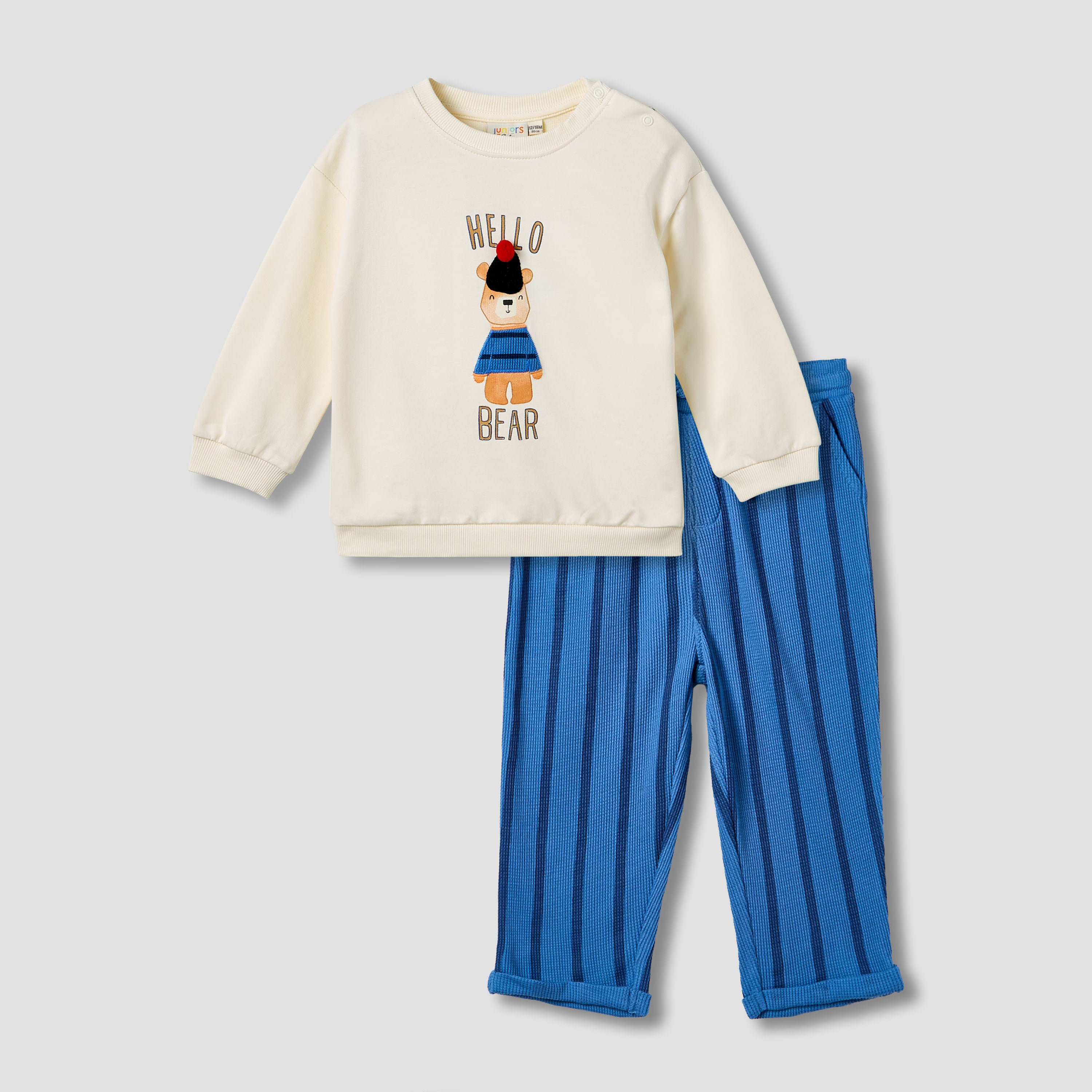 Juniors Boys Sweatshirt and Pants Set with Bear Applique - Cotton - Long Sleeves - Crew Neck - Multicolour / 12-18 mths