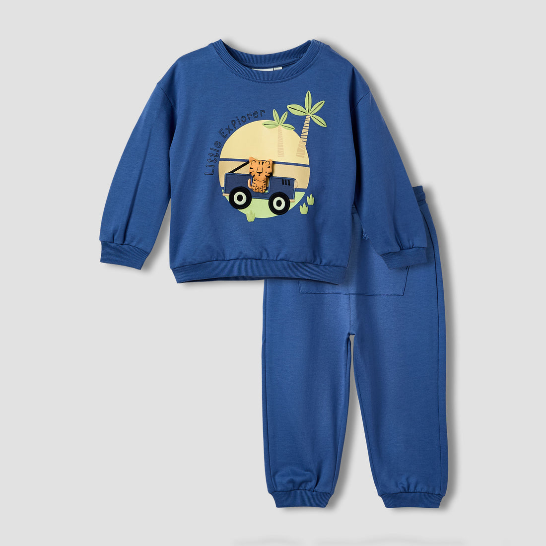 Juniors Boys Sweatshirt and Joggers Set with Animal Applique - Cotton - Long Sleeves - Crew Neck - Blue / 12-18 mths