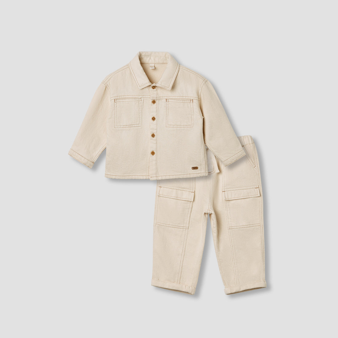 Giggles Solid Long Sleeve Shacket and Pants Set - Cream / 24-36 mths