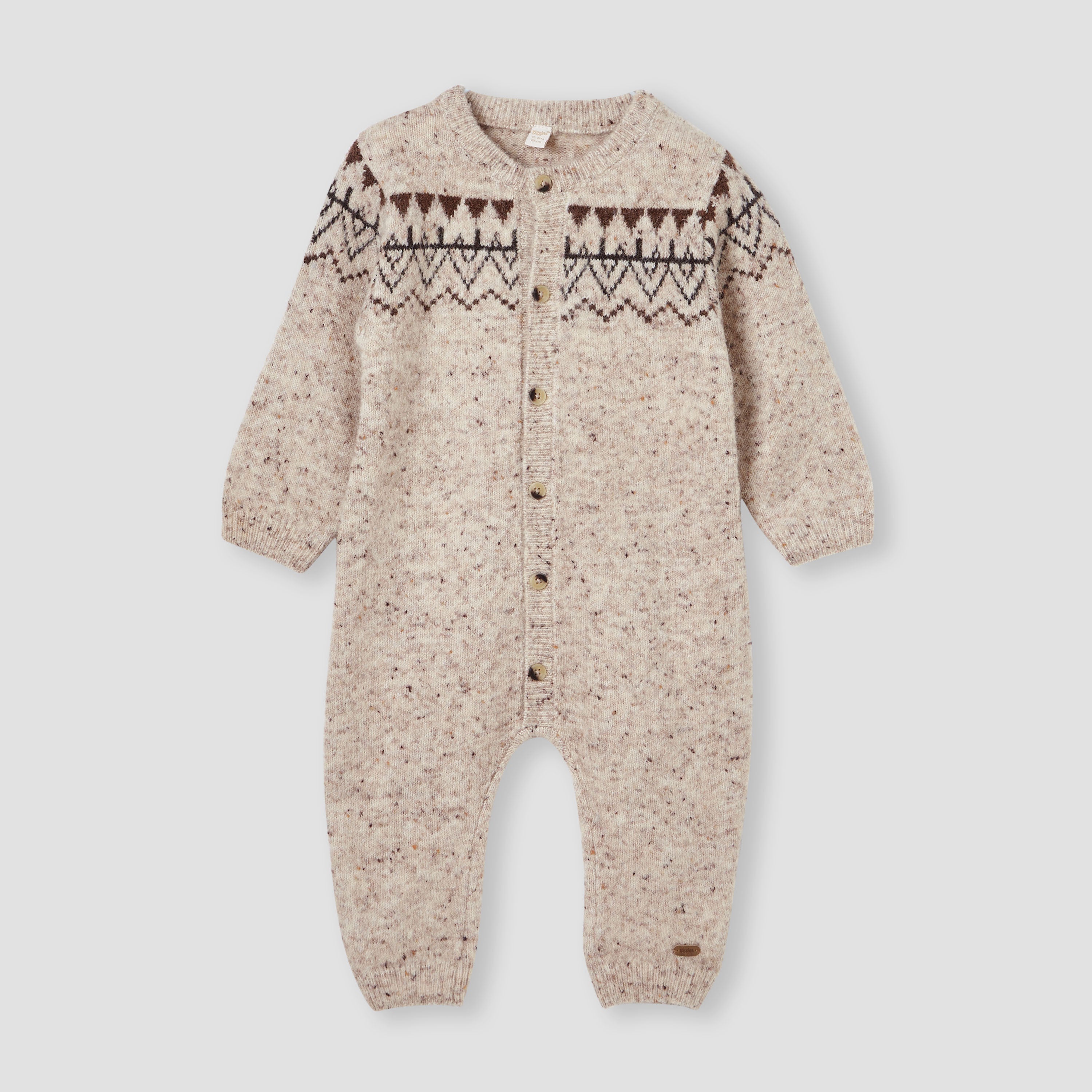Giggles Textured Romper with Long Sleeves and Button Closure
