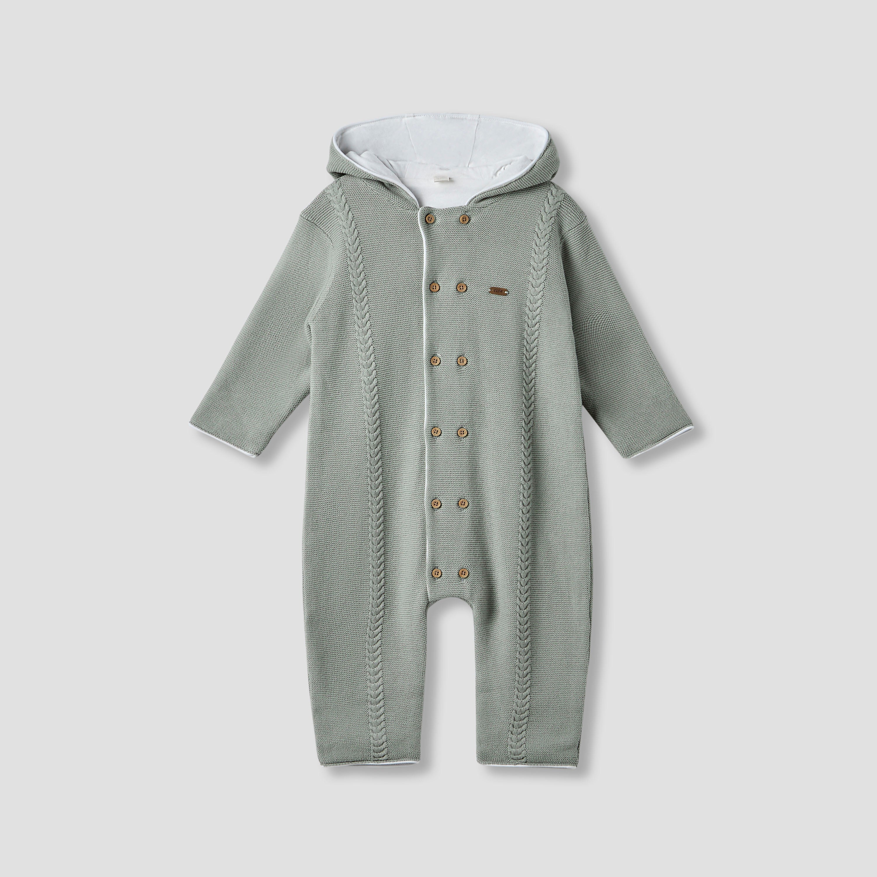 Giggles Textured Hooded Romper with Long Sleeves - Grey / 12-18 mths