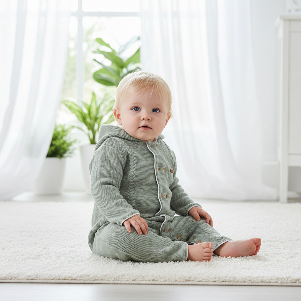 Giggles Textured Hooded Romper with Long Sleeves