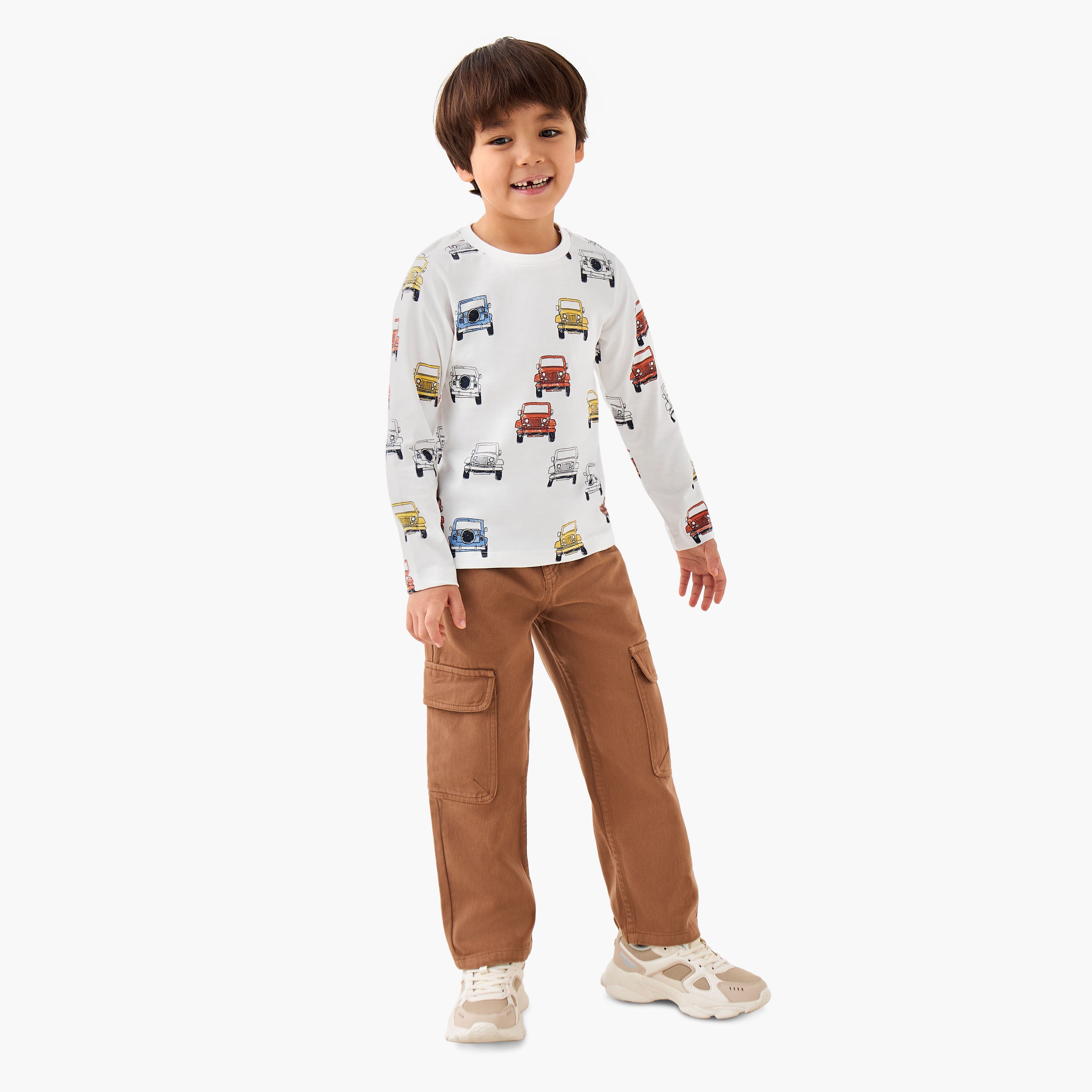 Juniors Boys Crew Neck T-shirt with Vehicle Print - Cotton - Long Sleeves