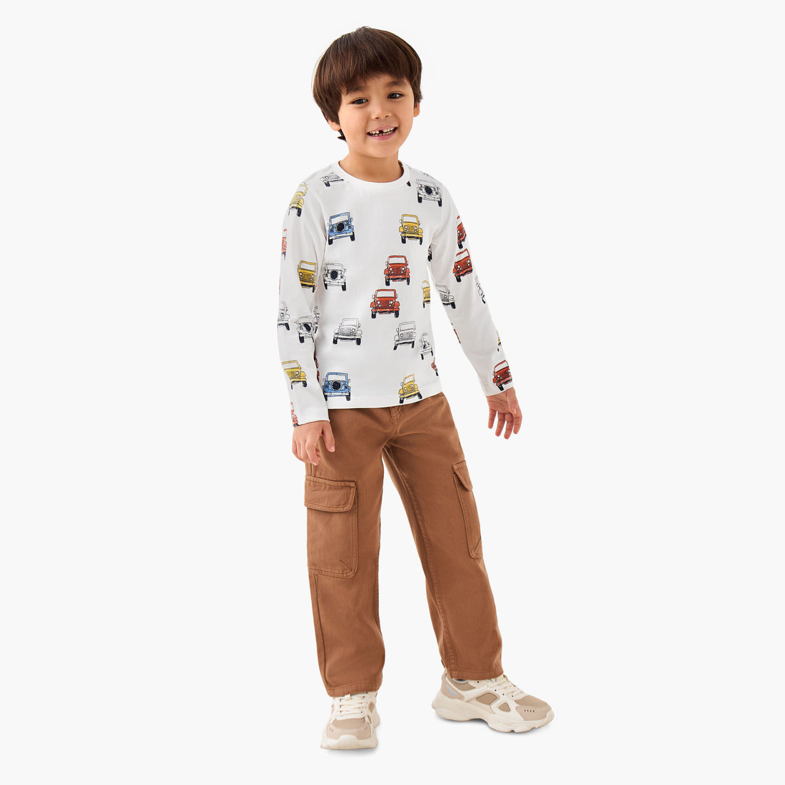Juniors Boys Crew Neck T-shirt with Vehicle Print - Cotton - Long Sleeves