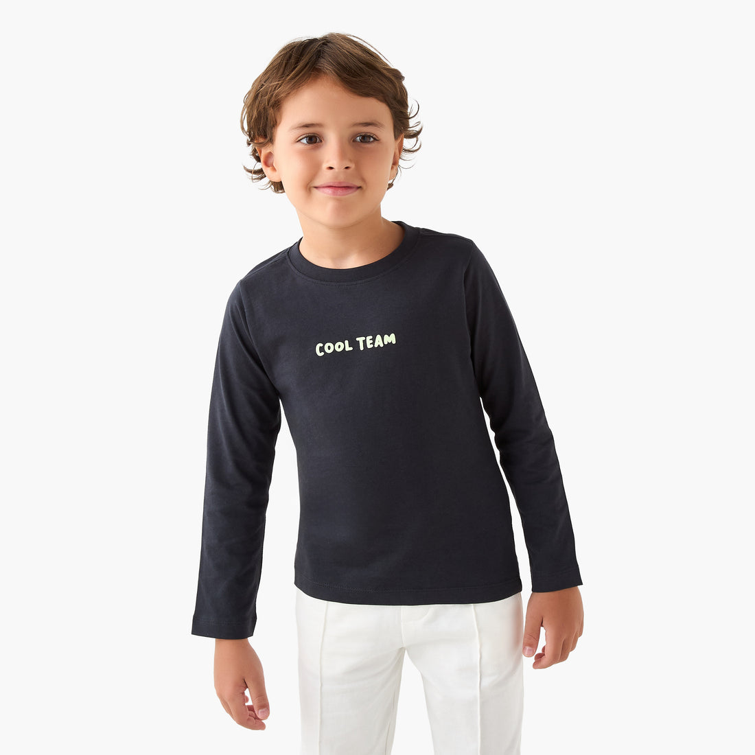 Juniors Boys Crew Neck T-shirt with Typographic Print - Cotton - Long Sleeves