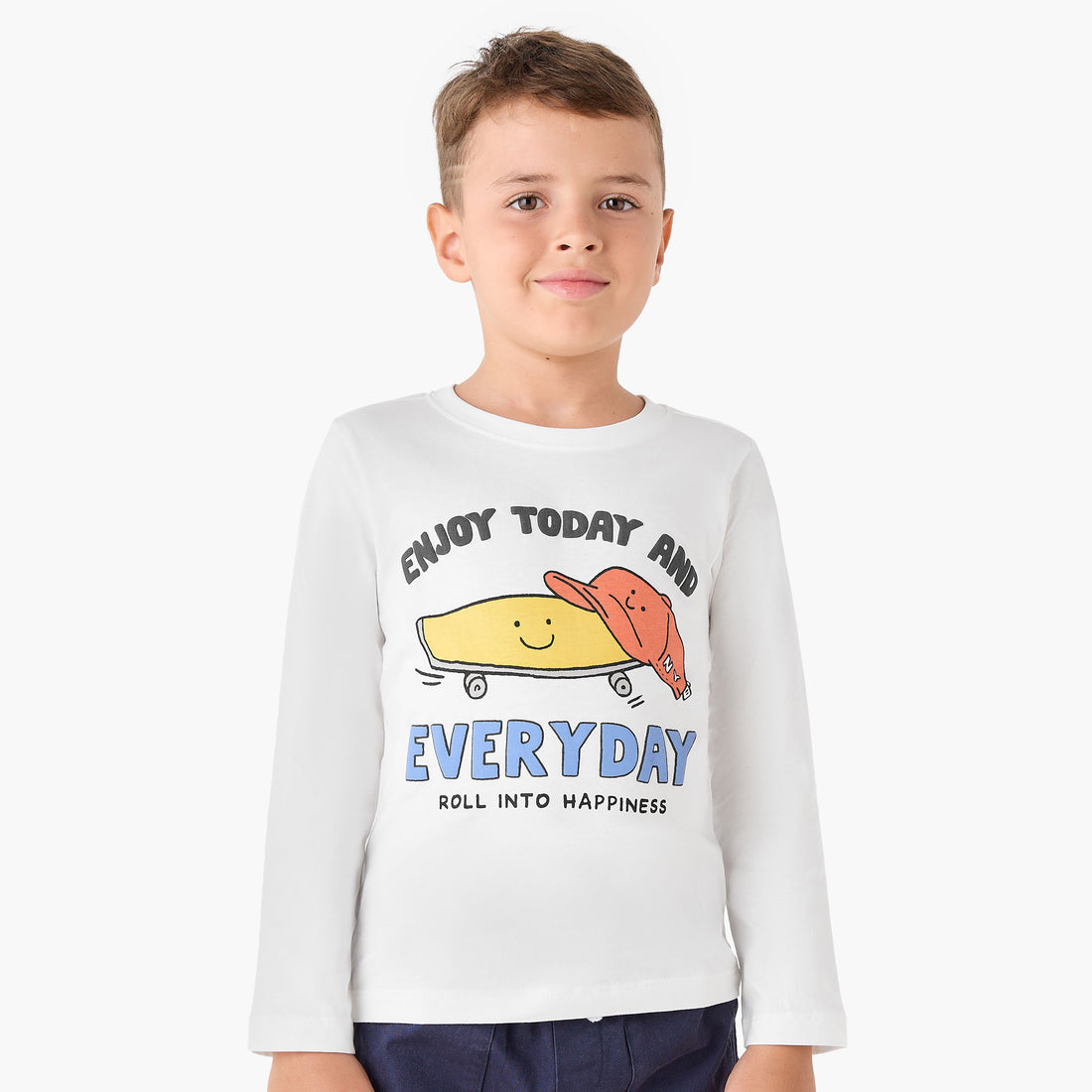 Juniors Boys Crew Neck T-shirt with Graphic Print - Cotton - Long Sleeves - White / 1-2 yrs