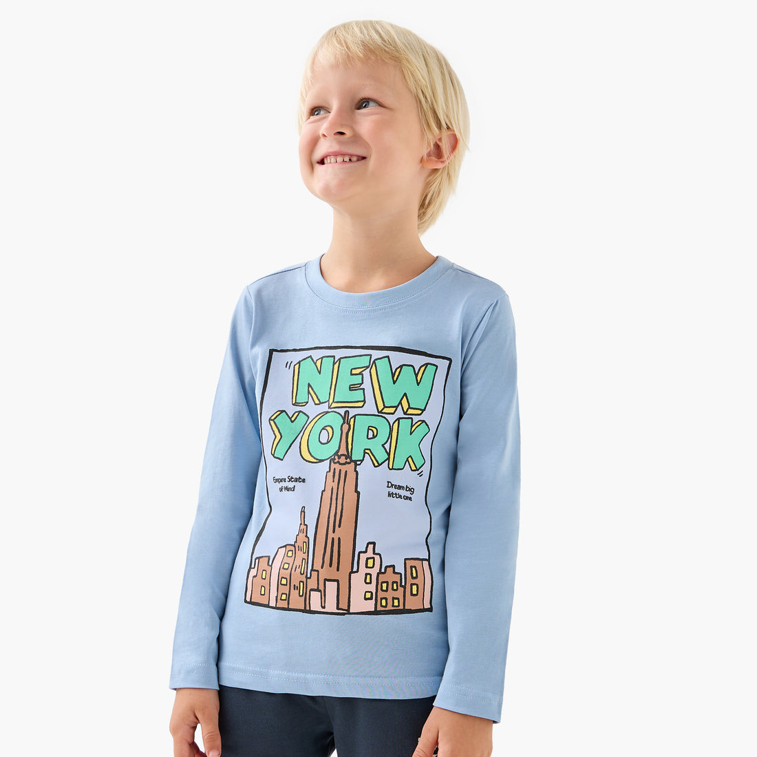 Juniors Boys Crew Neck T-shirt with Graphic Print - Cotton - Long Sleeves - Blue / 1-2 yrs
