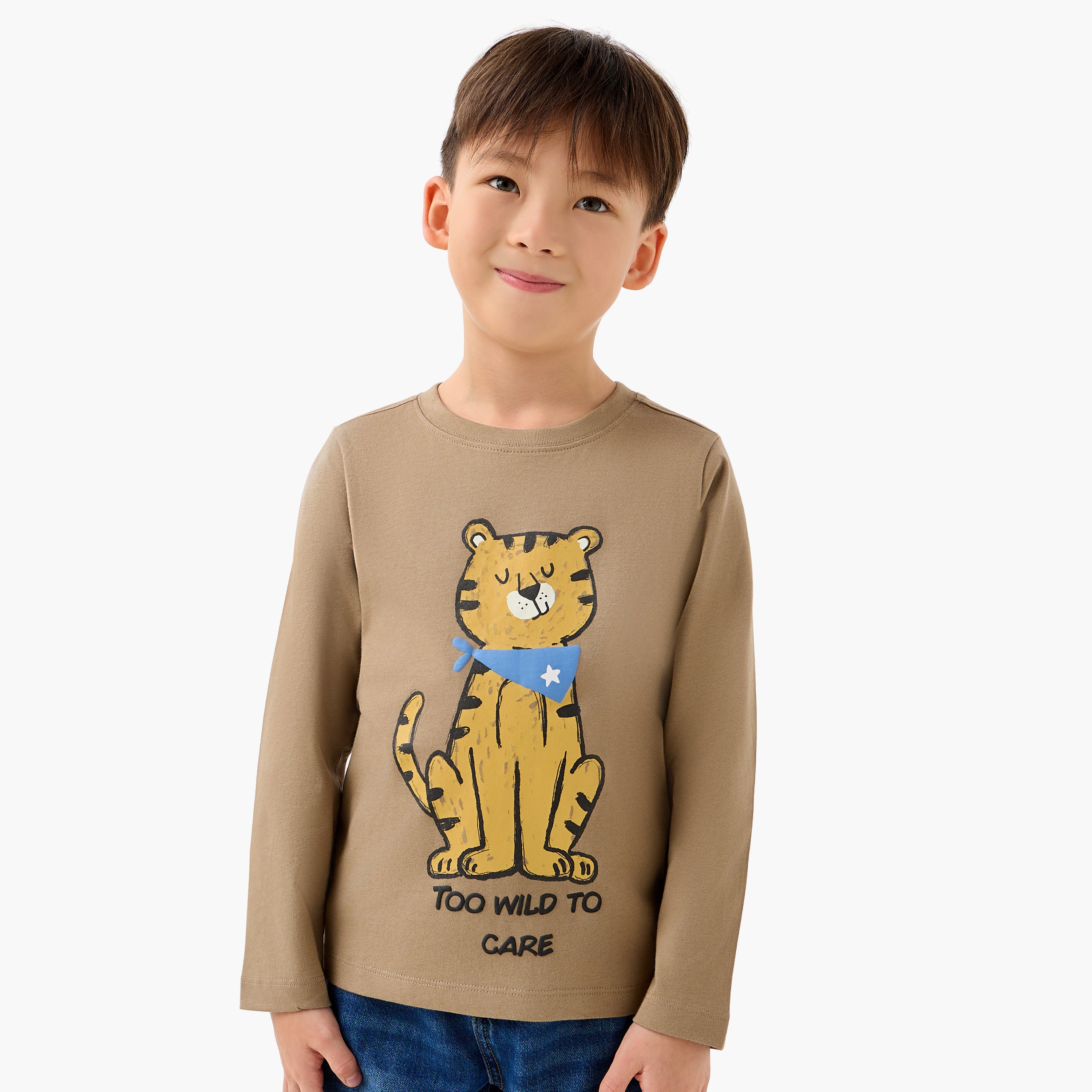 Juniors Boys Crew Neck T-shirt with Tiger Graphic Print - Cotton - Long Sleeves - Brown / 1-2 yrs