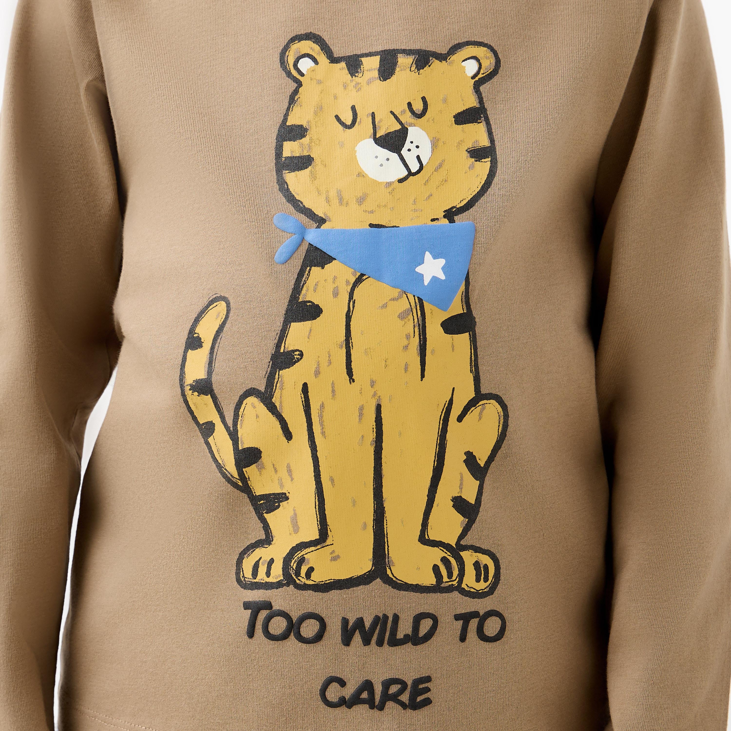Juniors Boys Crew Neck T-shirt with Tiger Graphic Print - Cotton - Long Sleeves