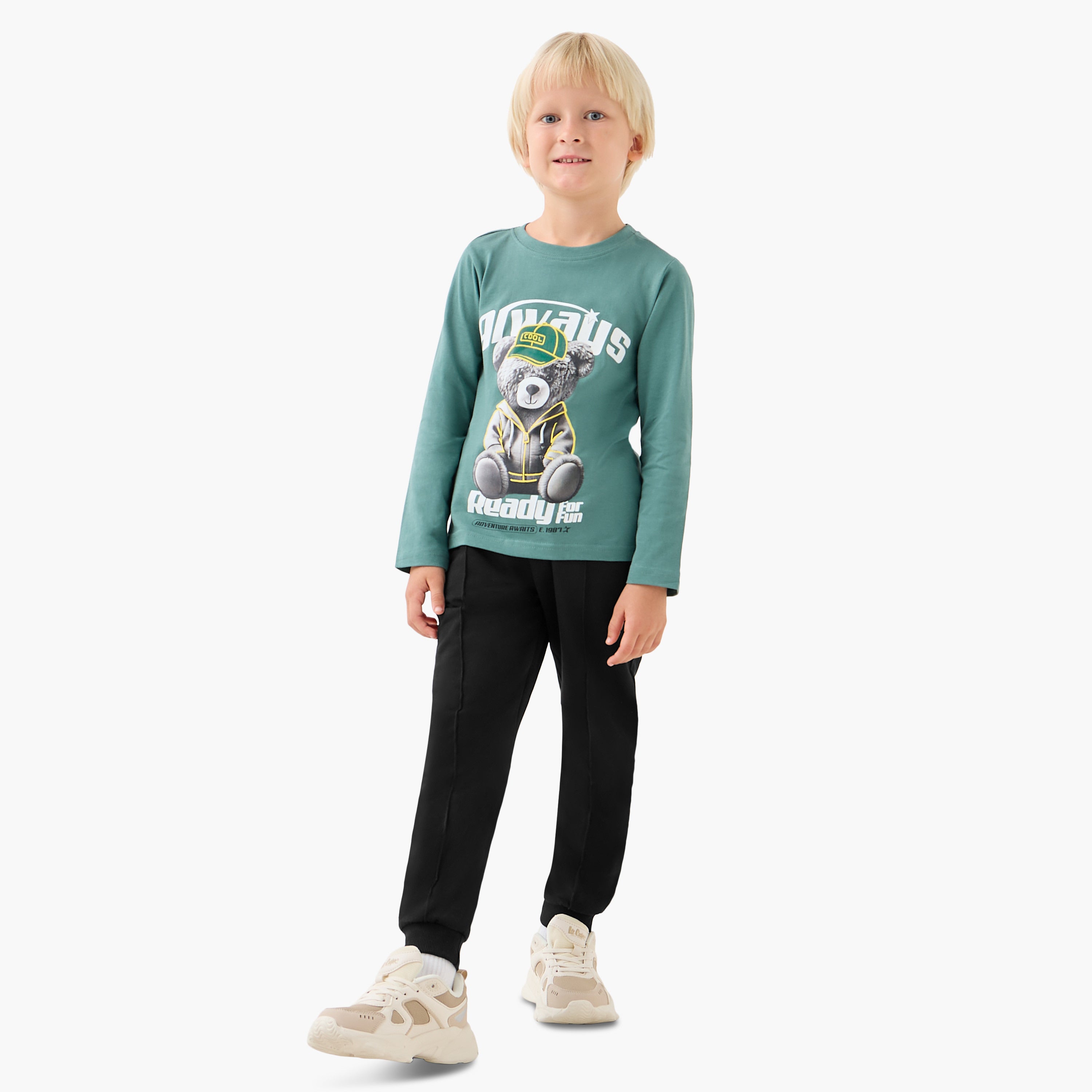 Juniors Boys Crew Neck T-shirt with Teddy Bear Print - Cotton - Long Sleeves