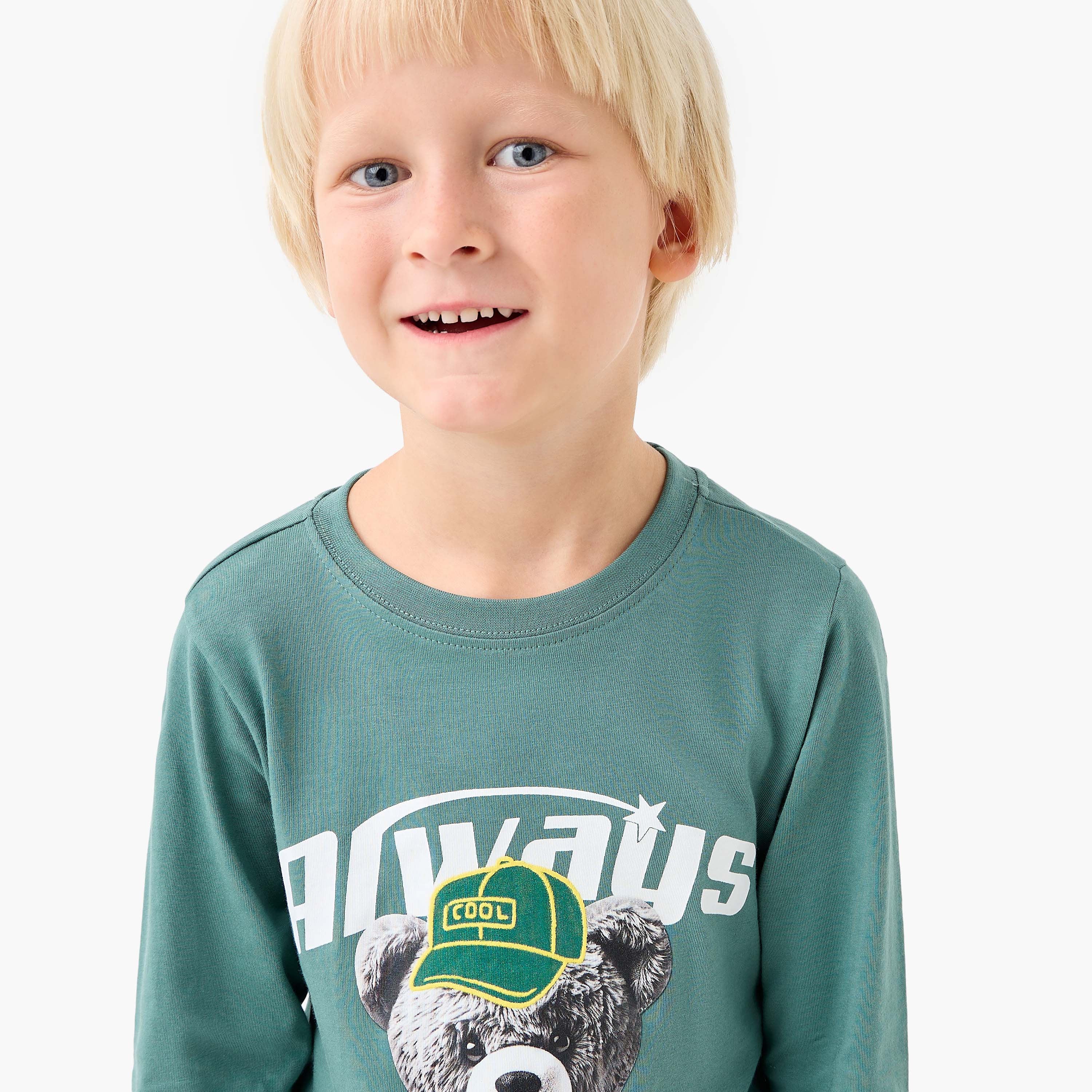Juniors Boys Crew Neck T-shirt with Teddy Bear Print - Cotton - Long Sleeves