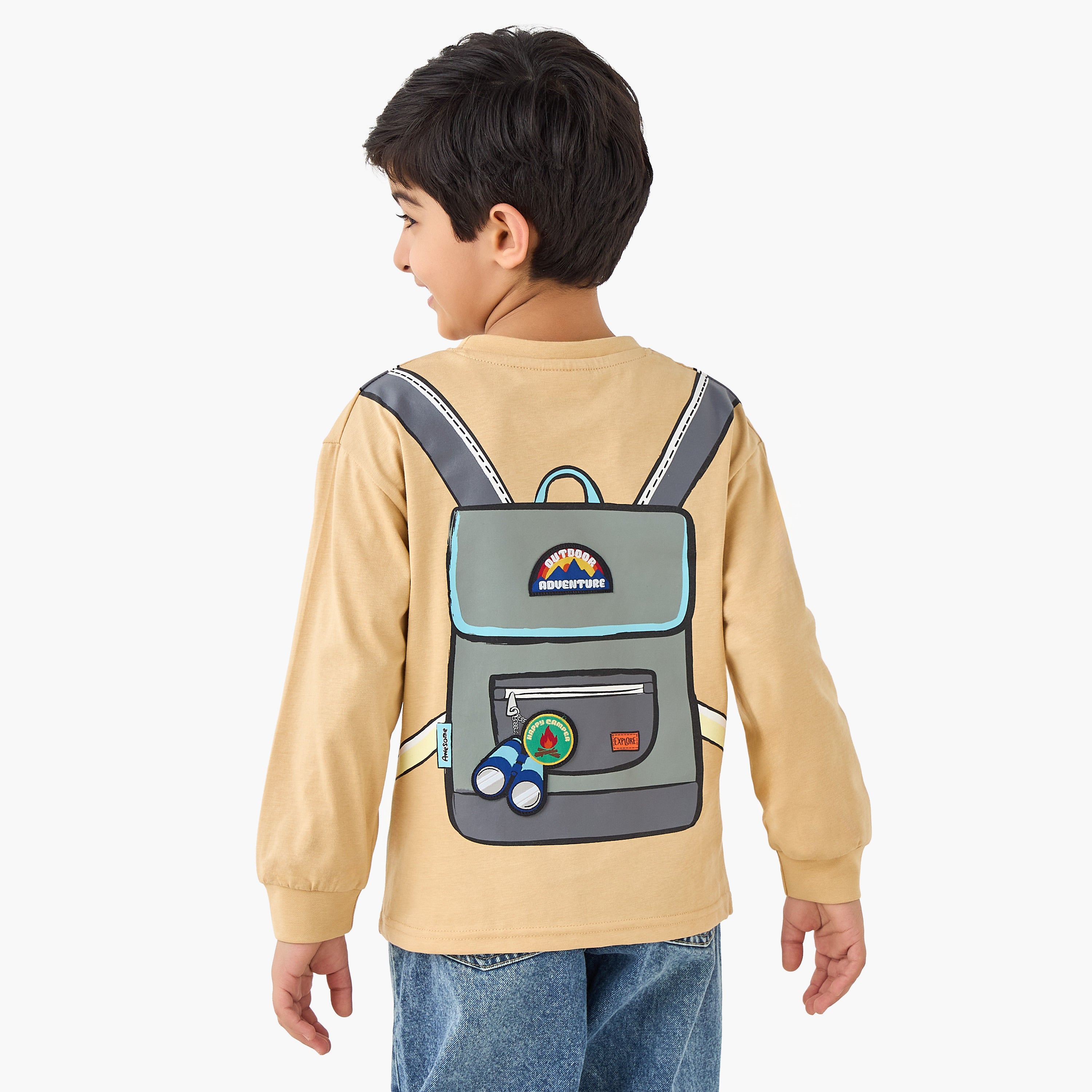 Juniors Backpack Print T-shirt with Long Sleeves - Beige / 1-2 yrs