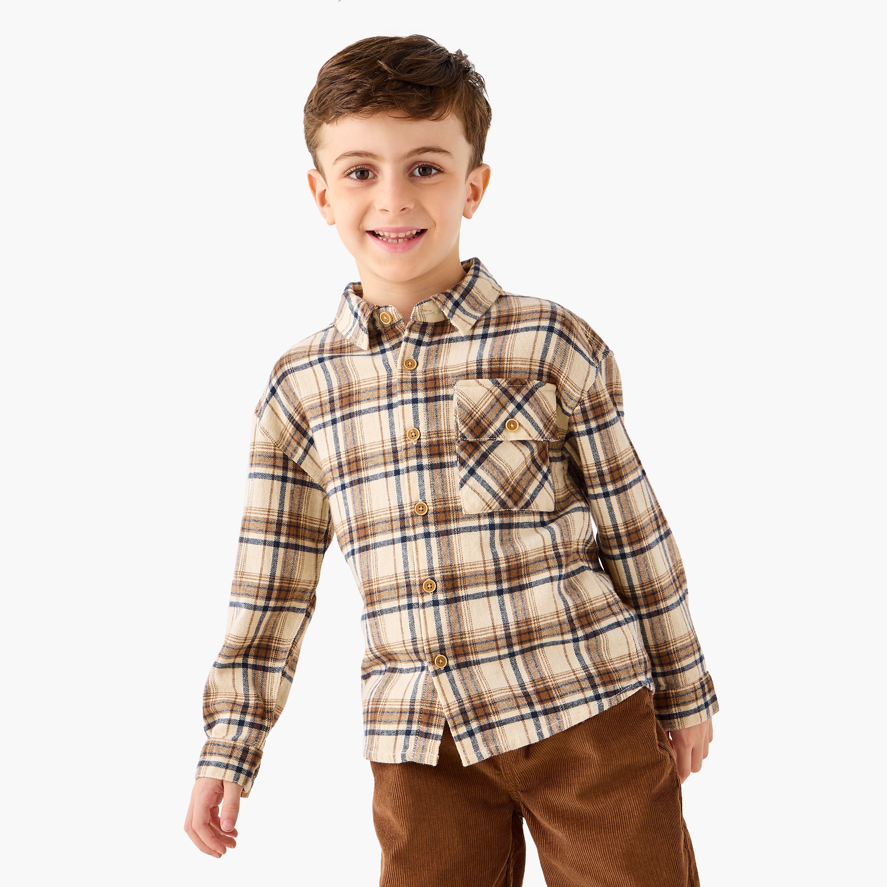 Juniors Checked Shirt with Long Sleeves - Beige / 1-2 yrs