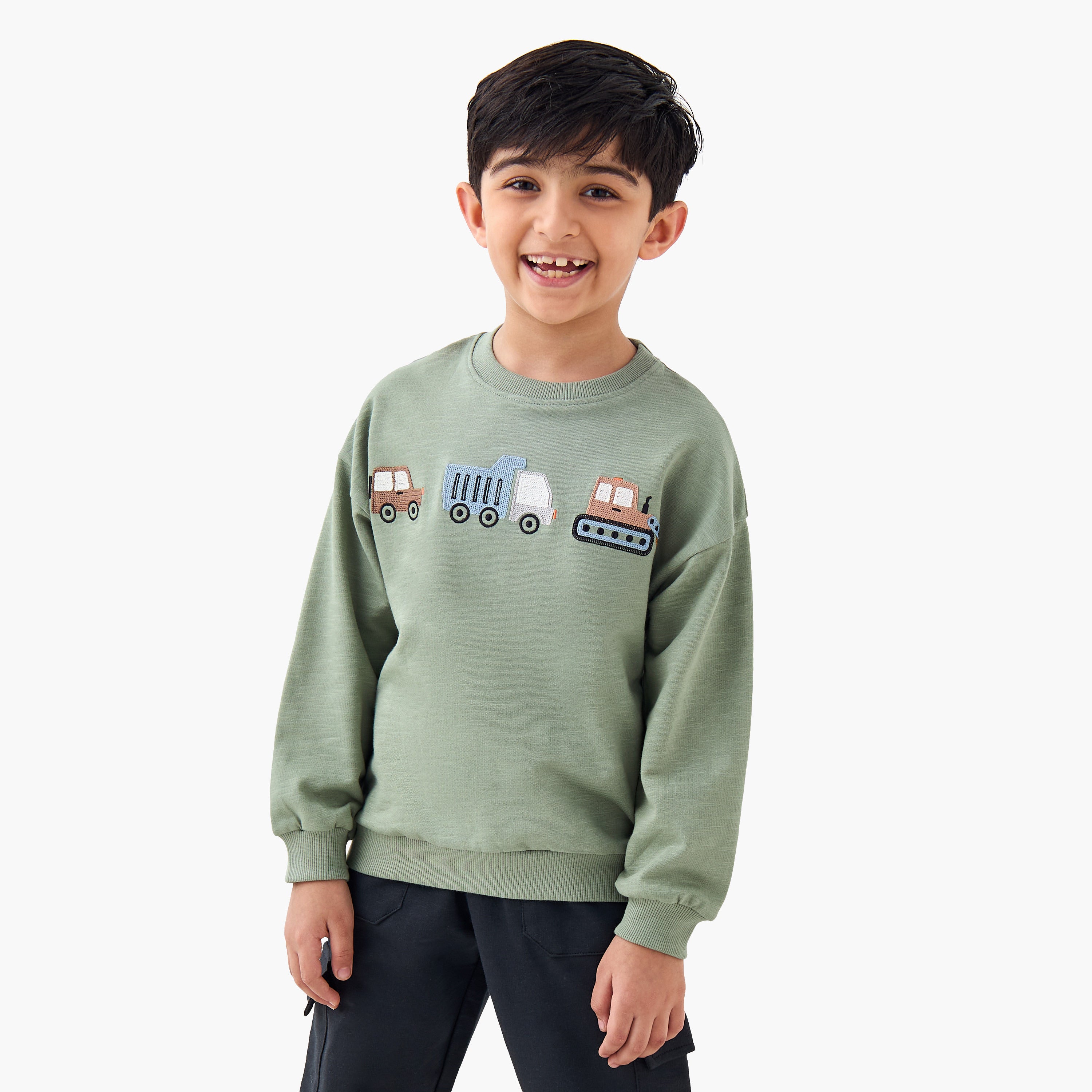 Juniors Boys Sweatshirt and Cargo Joggers Set with Embroidery - Cotton - Long Sleeves - Crew Neck