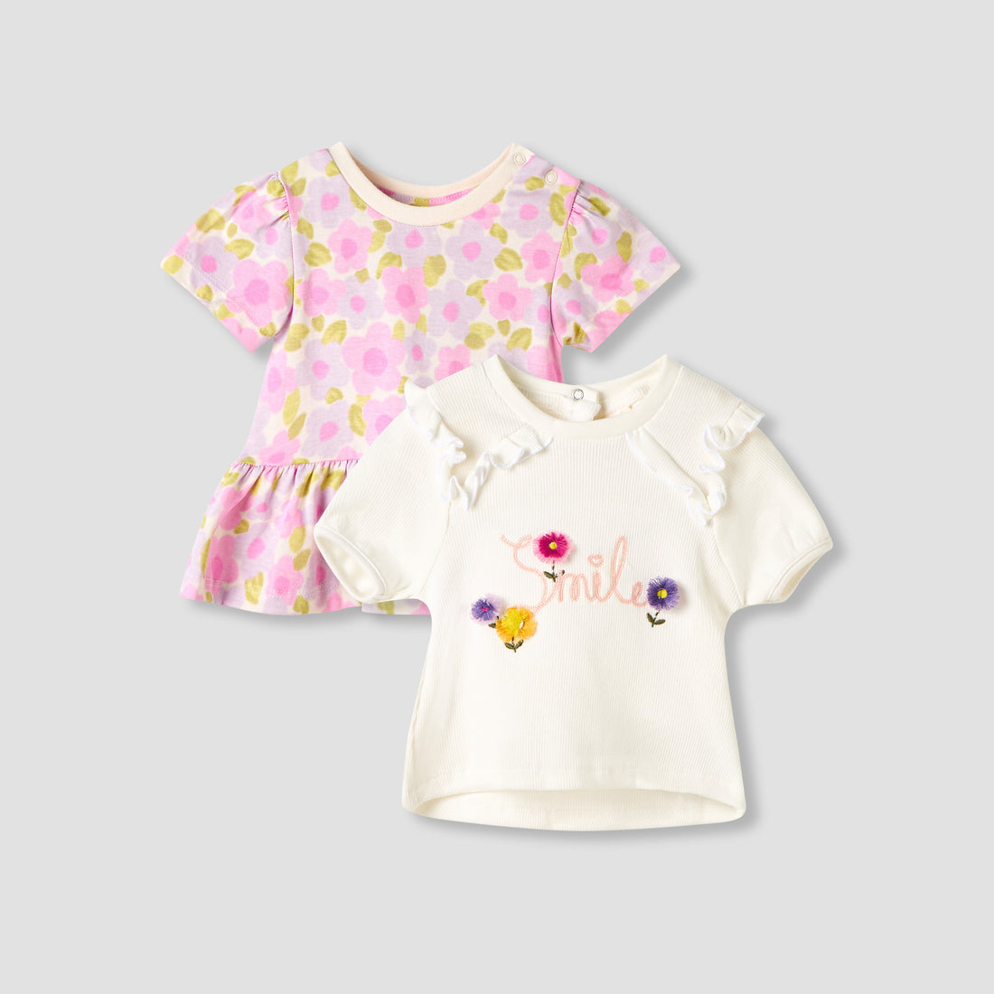 Set of 2 Juniors Round Neck Short Sleeve T-shirts with Floral Print - Multicolour / 12-18 mths