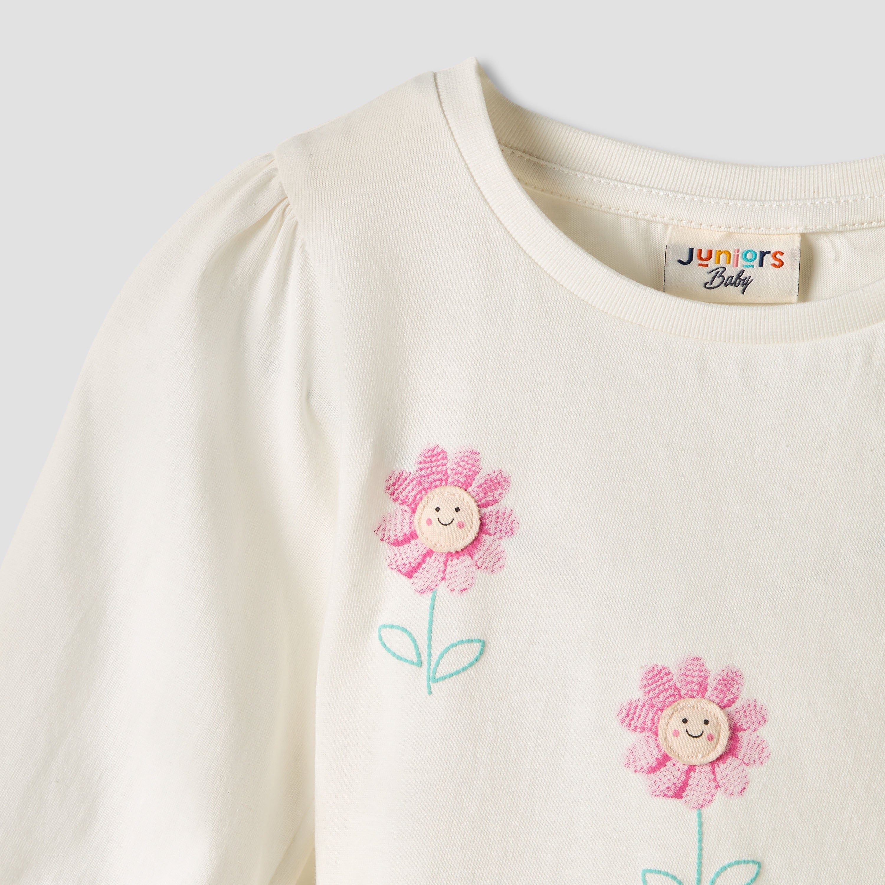 Set of 2 Juniors Round Neck Long Sleeve T-shirts with Floral Print