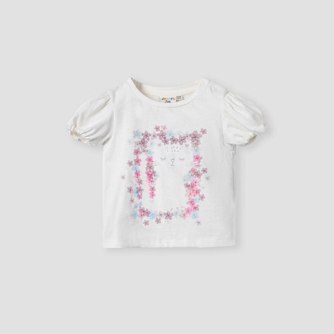 Juniors Floral Print T-shirt with Puff Sleeves - White / 12-18 mths