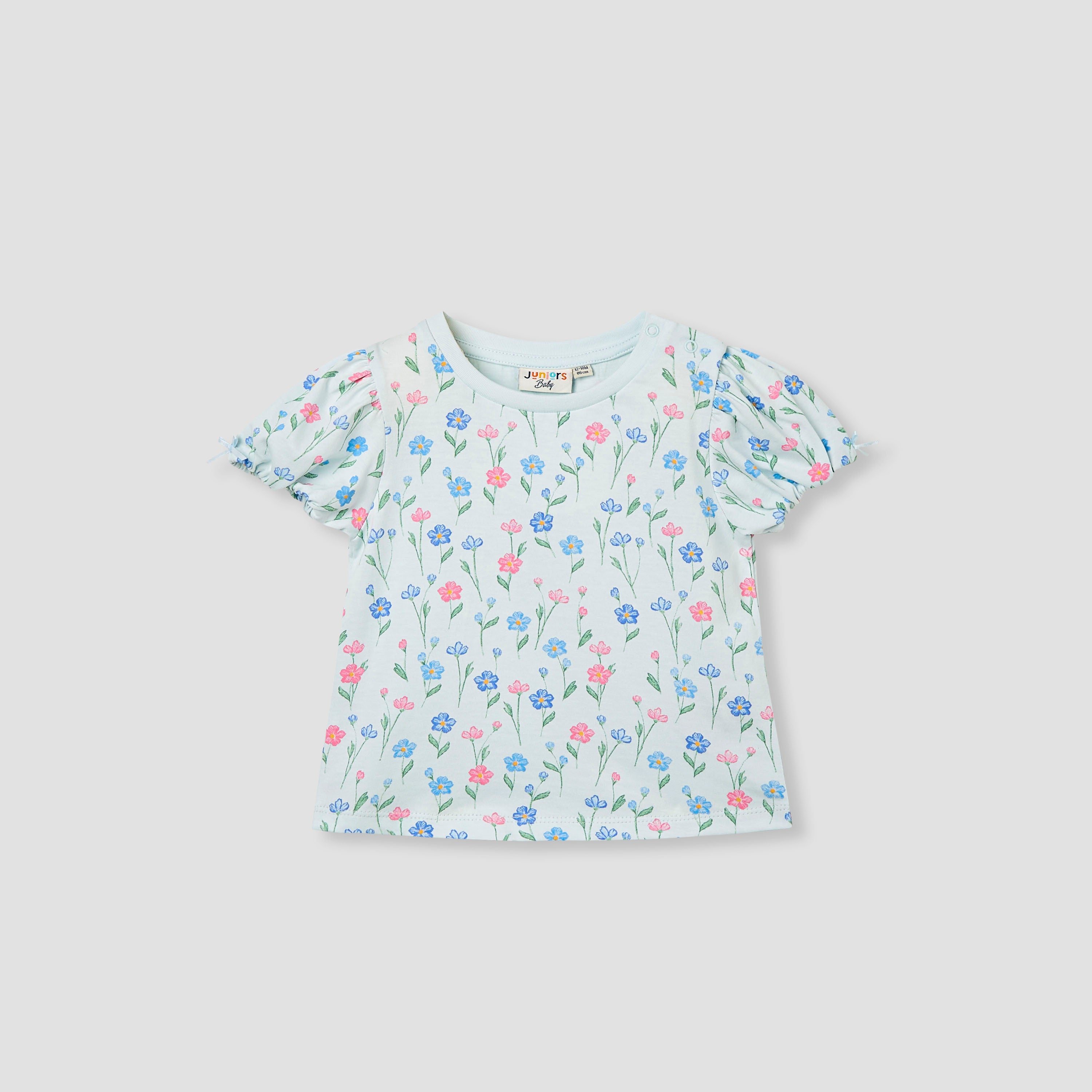 Juniors Floral Print Top with Puff Sleeves - Blue / 12-18 mths