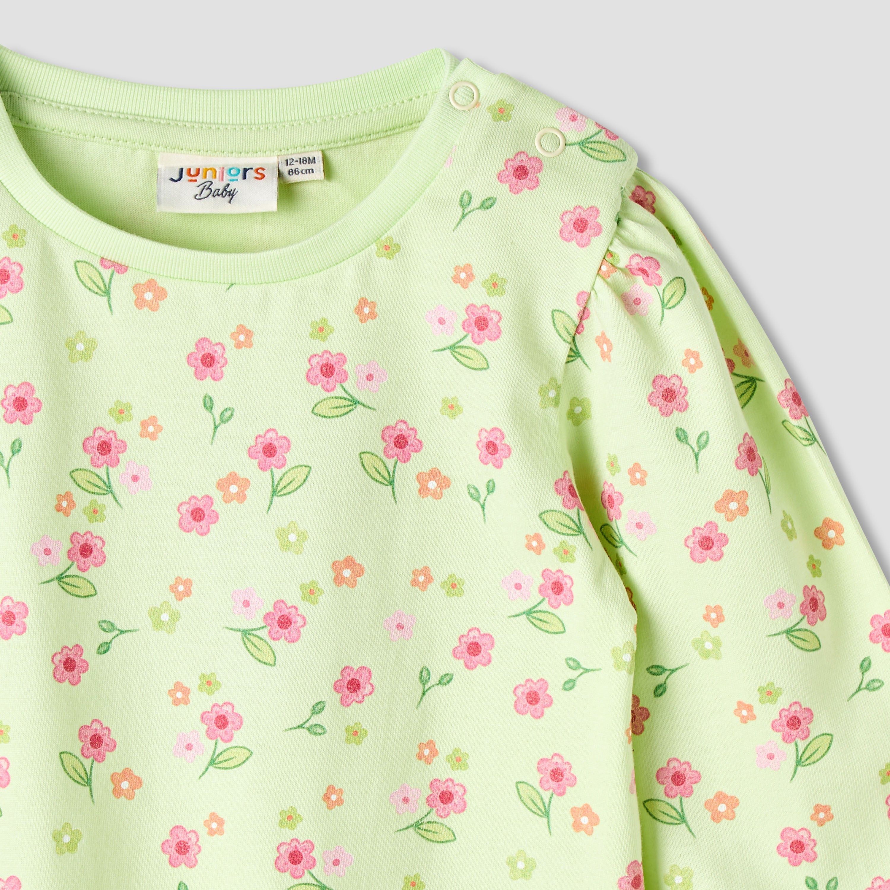 Juniors Girls Round Neck T-shirt with Snap Button Closure - Cotton - Long Sleeves