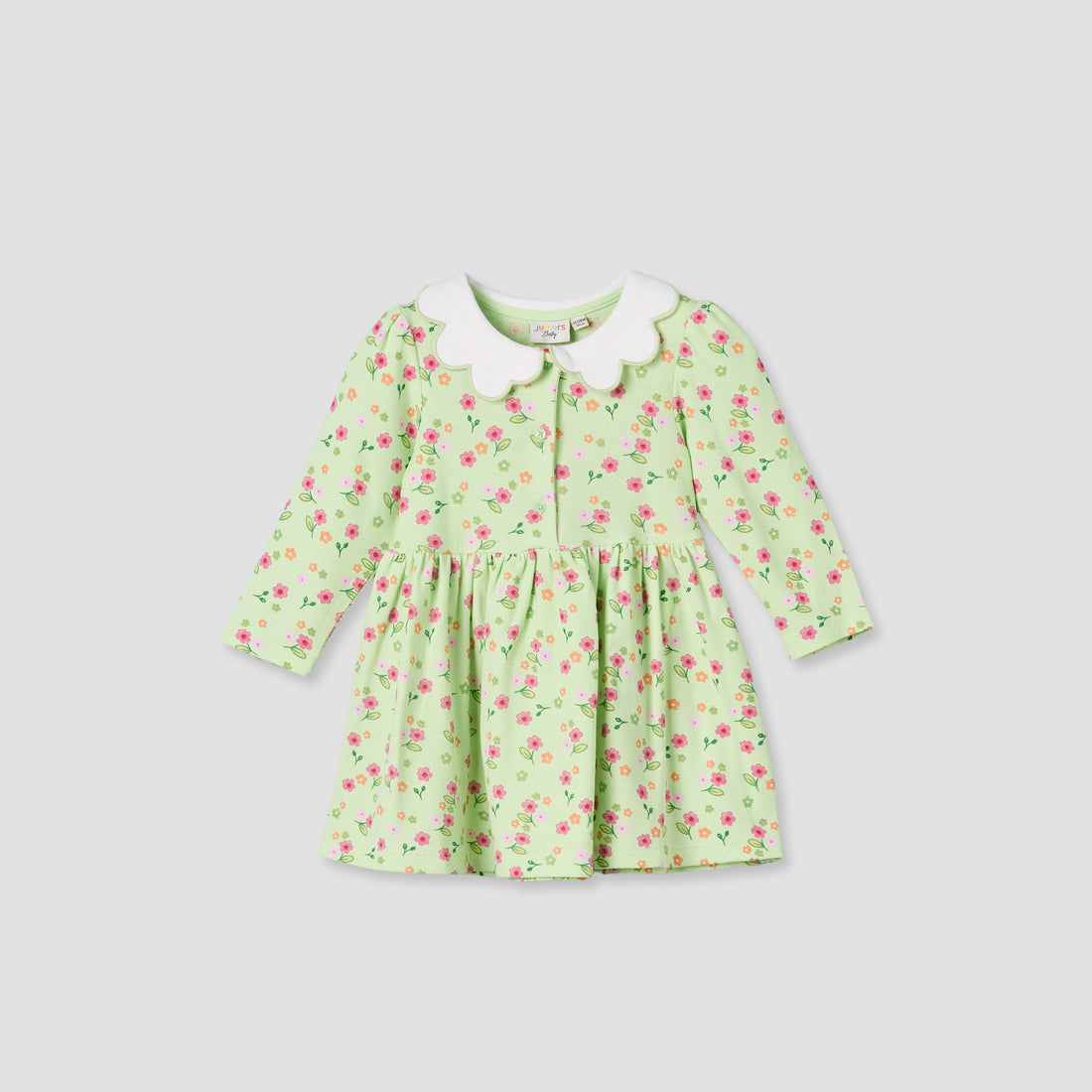 Juniors Collared Long Sleeves A-Line Dress with Floral Print - Green / 12-18 mths