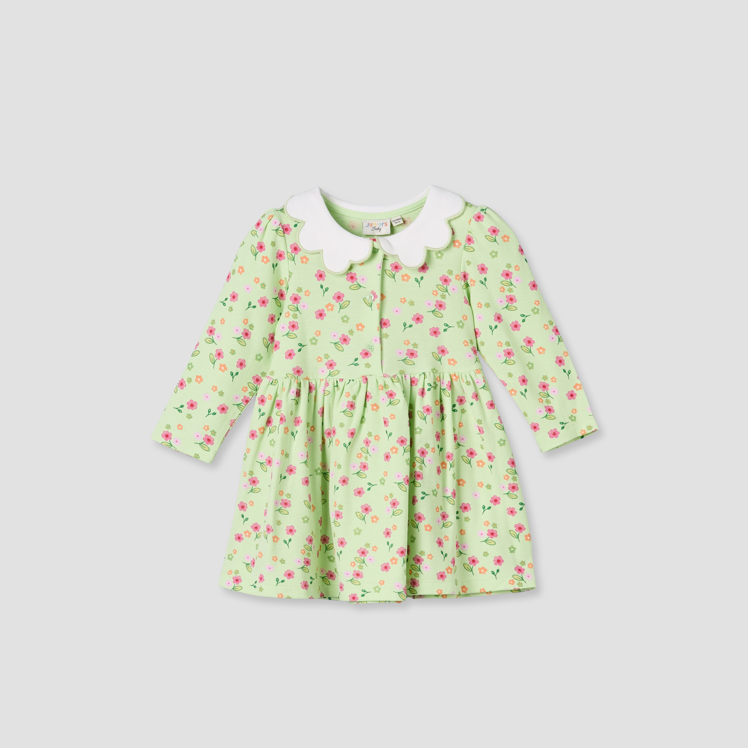 Juniors Collared Long Sleeves A-Line Dress with Floral Print - Green / 12-18 mths