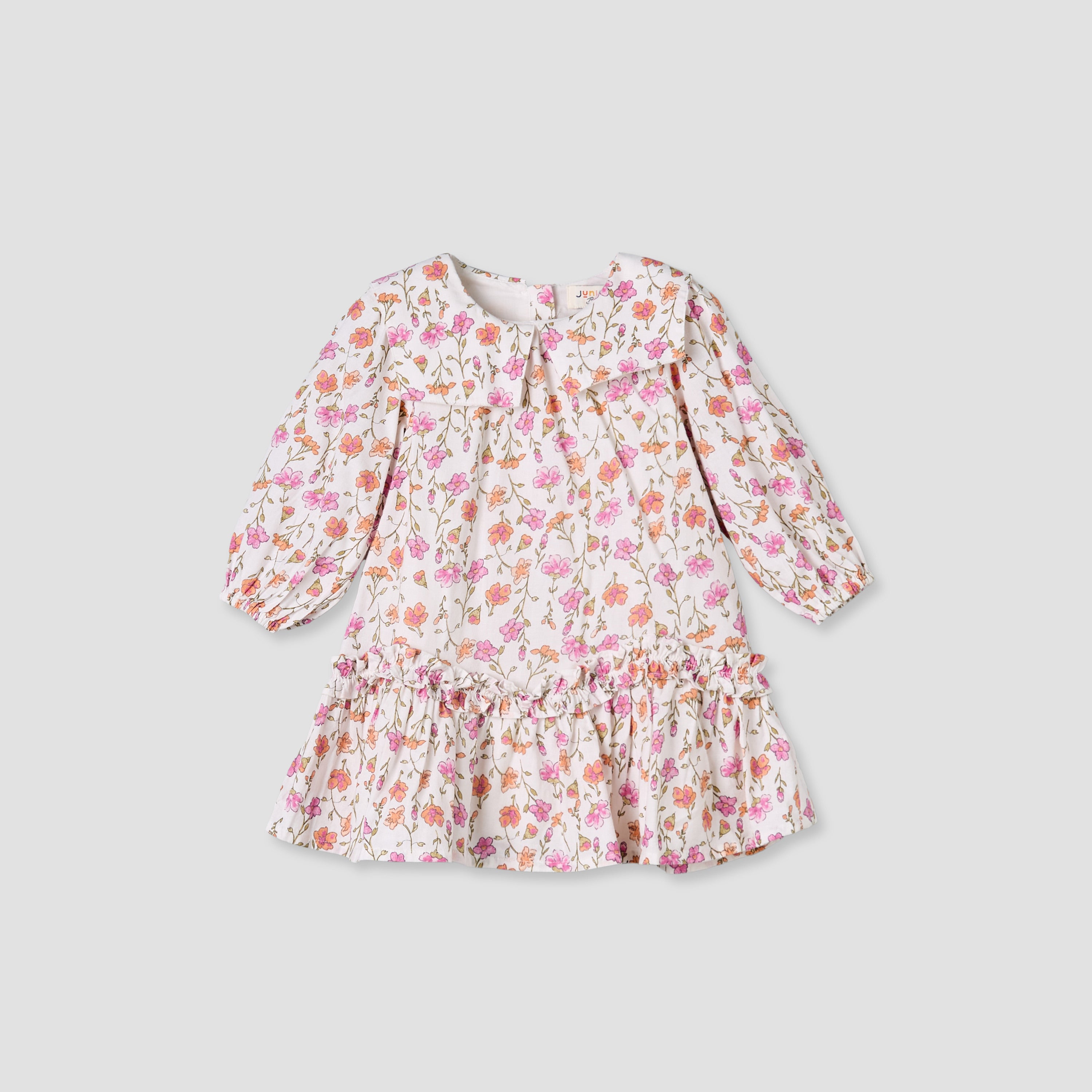 Juniors Collared Long Sleeves A-Line Dress with Floral Print and Ruffled Hem - White / 12-18 mths