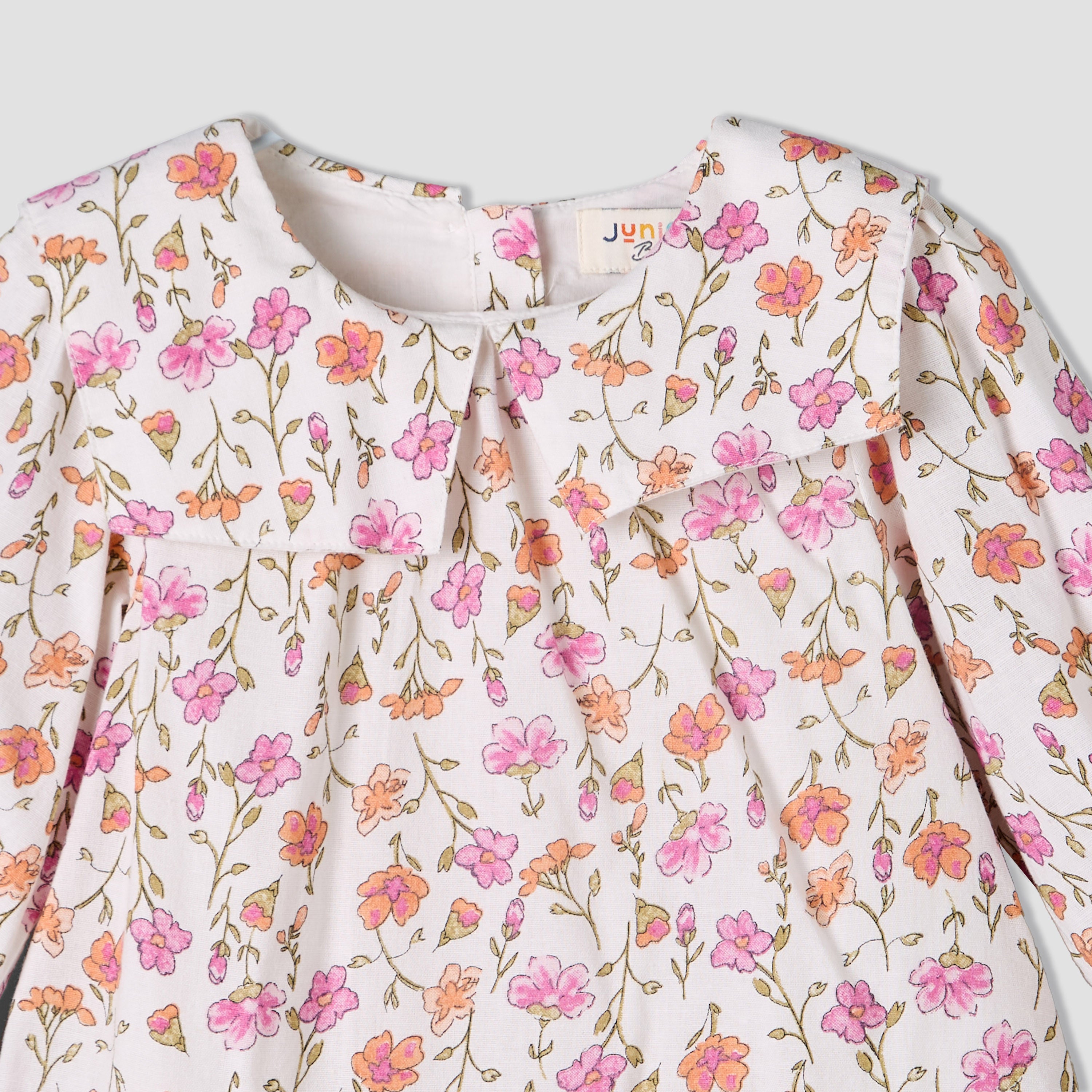 Juniors Collared Long Sleeves A-Line Dress with Floral Print and Ruffled Hem