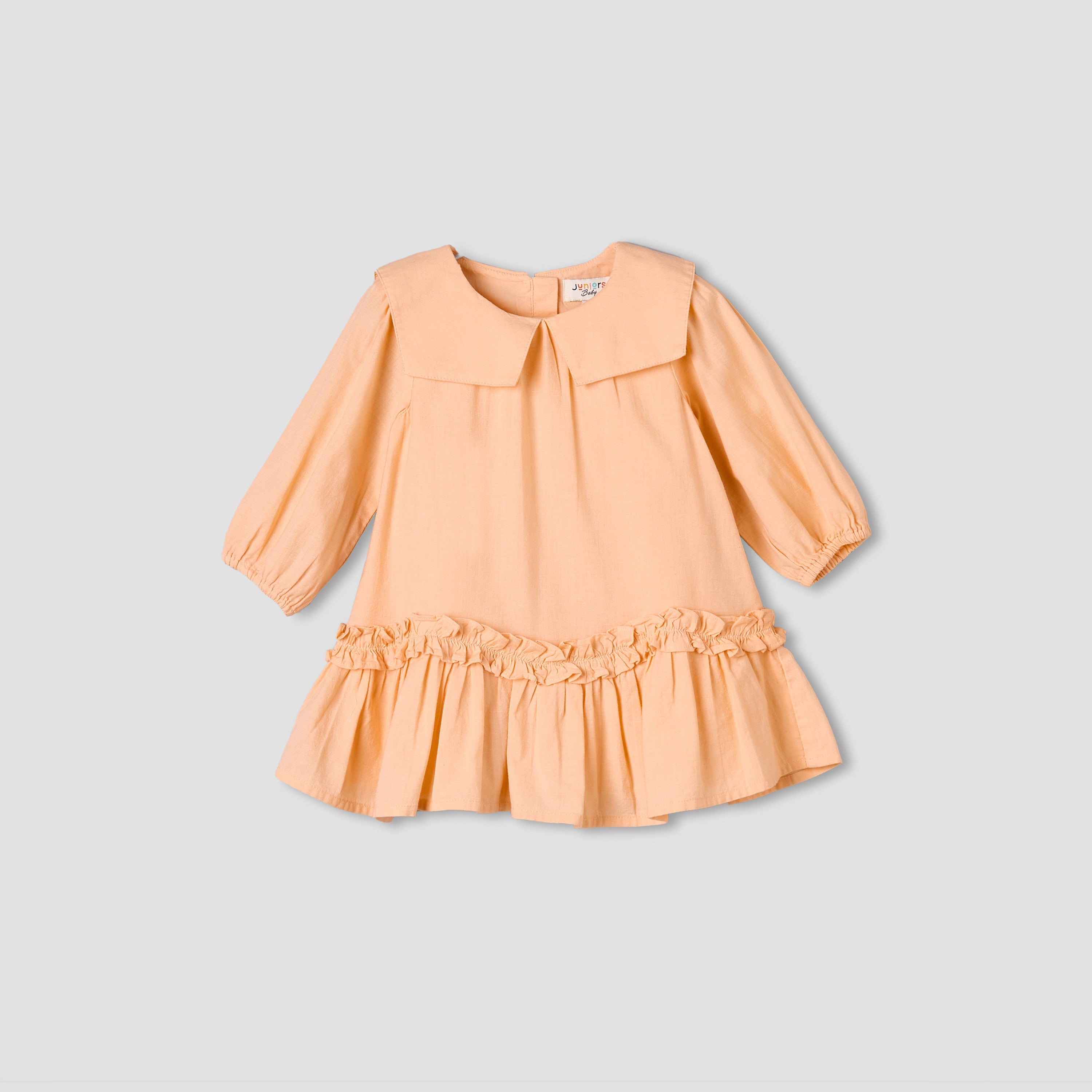 Juniors Collared Long Sleeves A-Line Dress with Ruffled Hem