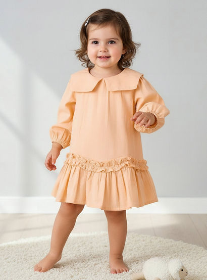 Juniors Collared Long Sleeves A-Line Dress with Ruffled Hem-baby-girls-clothing-dressesandjumpsuits-image-1