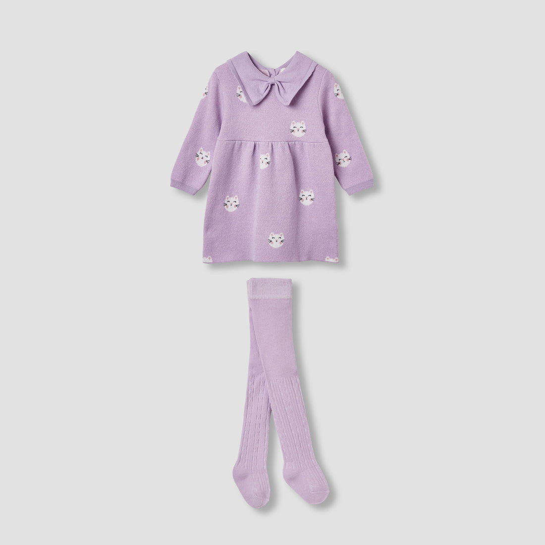Juniors Cat Print Collared Dress with Long Sleeves and Stockings
