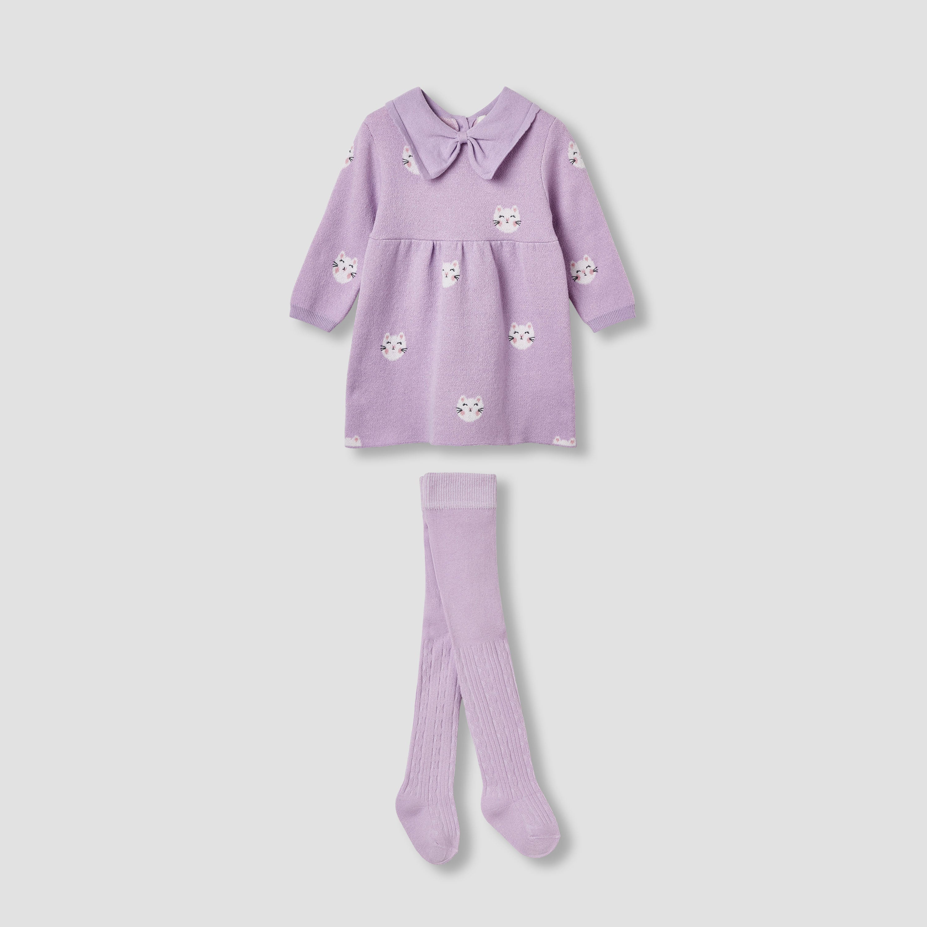 Juniors Cat Print Collared Dress with Long Sleeves and Stockings