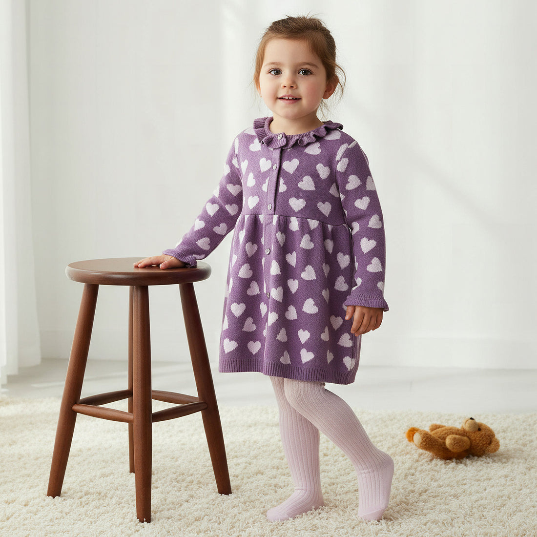 Juniors Heart Print Sweater Dress with Ribbed Tights - Purple / 18-24 mths