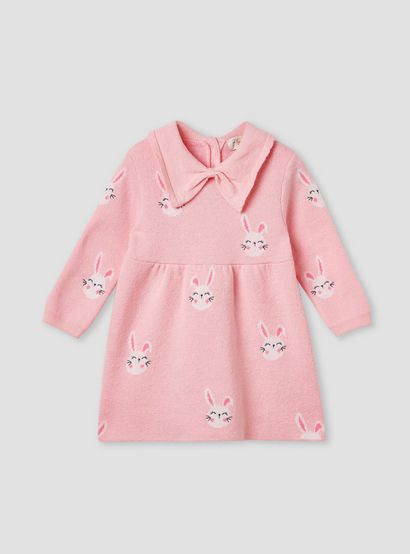 Juniors Bunny Print Collared Dress with Long Sleeves and Stockings-baby-girls-clothing-winterwear-dresses-image-3