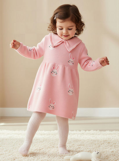 Juniors Bunny Print Collared Dress with Long Sleeves and Stockings-baby-girls-clothing-winterwear-dresses-image-1