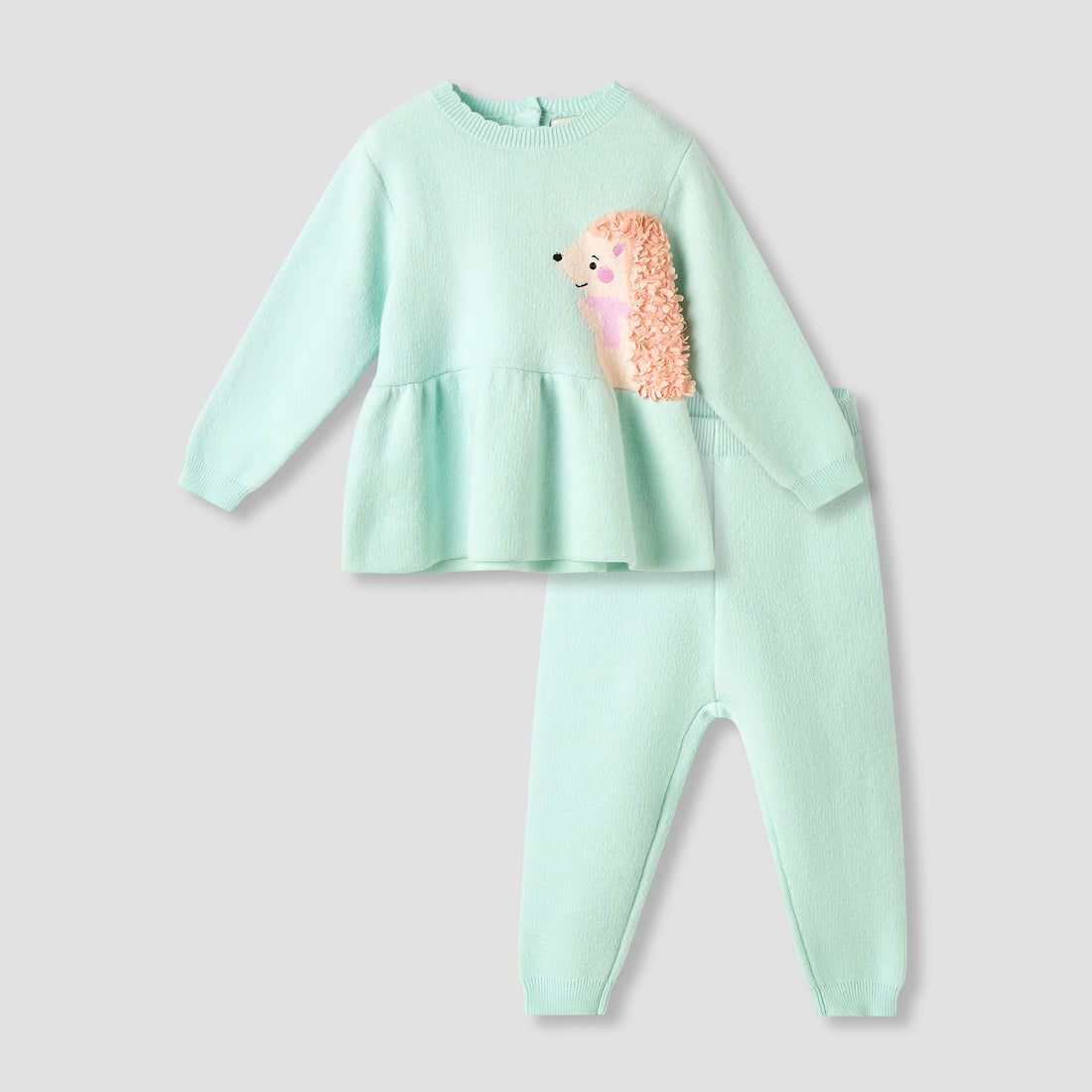 Juniors Round Neck Long Sleeve Peplum Sweater and Pants Set with Applique Accent - Green / 24-36 mths