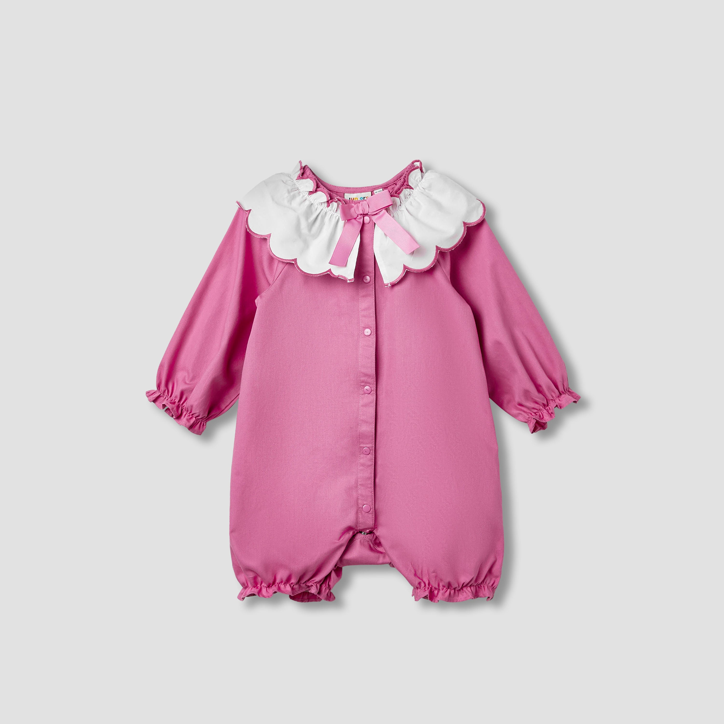 Juniors Solid Romper with Sailor Collar and Bow Accent - Pink / 12-18 mths