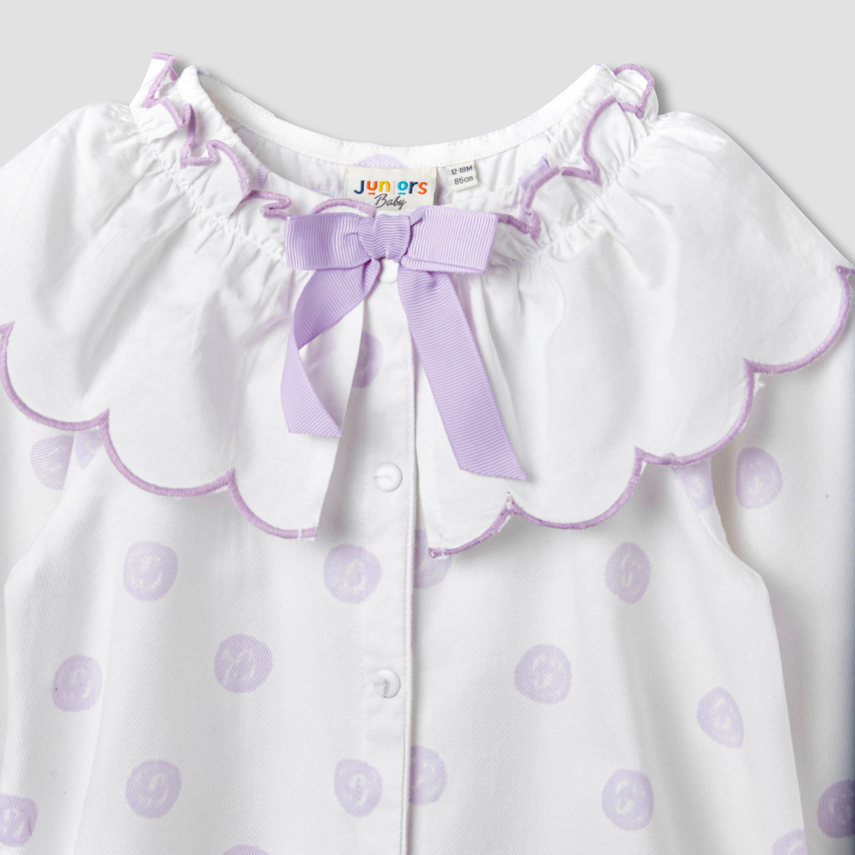 Juniors Polka Dot Print Romper with Collar and Bow Accent