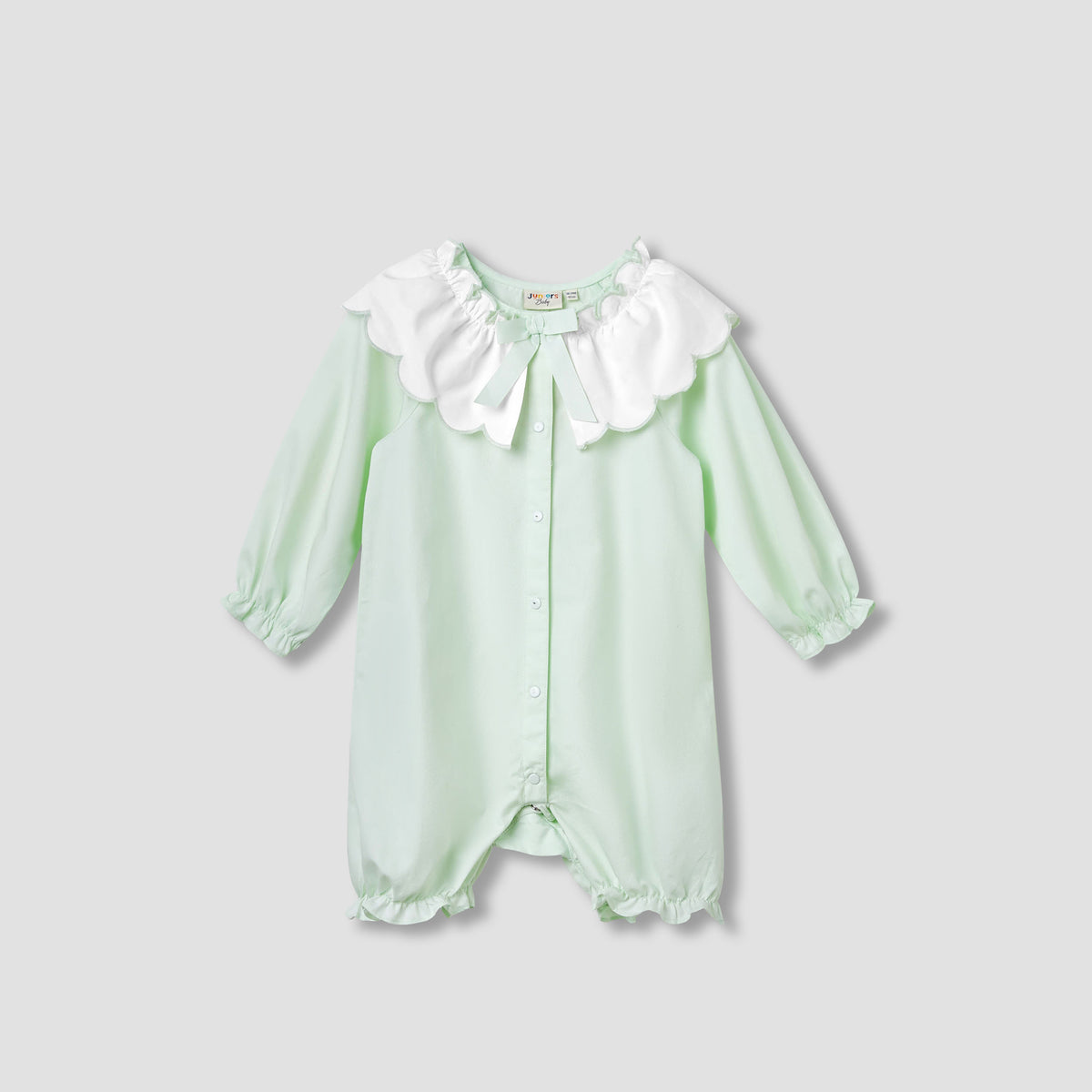 Juniors Solid Romper with Sailor Collar and Bow Accent