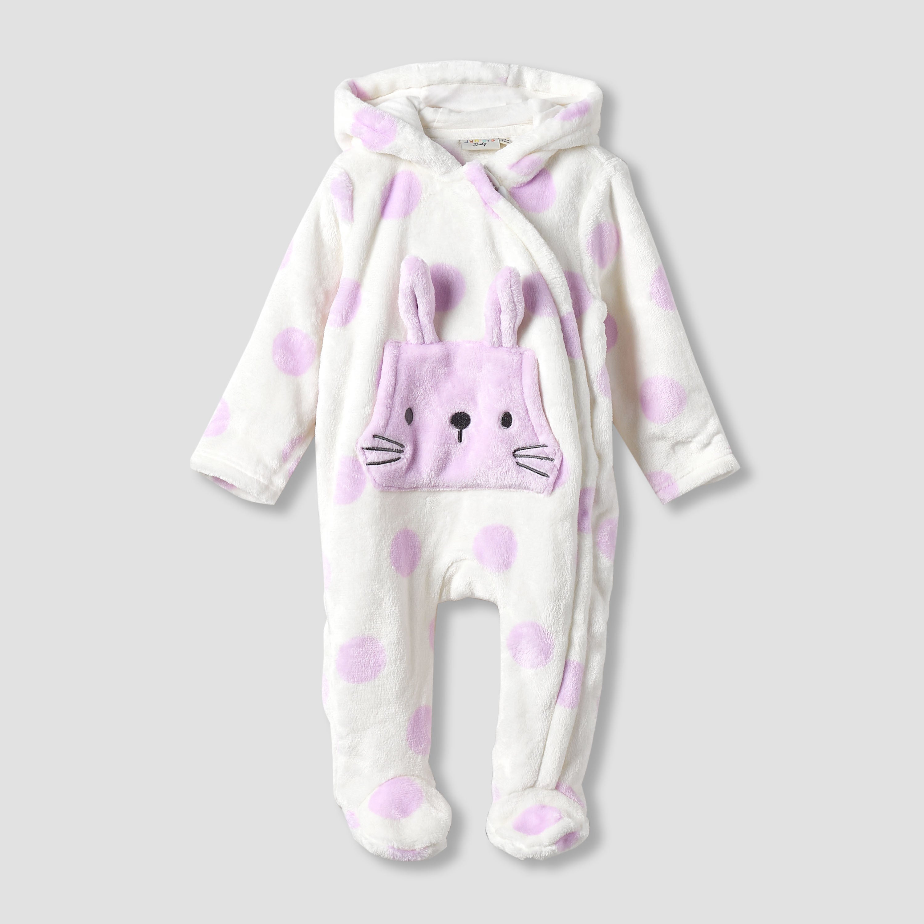 Juniors Hooded Sleepsuit with Print - Polyester - Long Sleeves - White / 18-24 mths