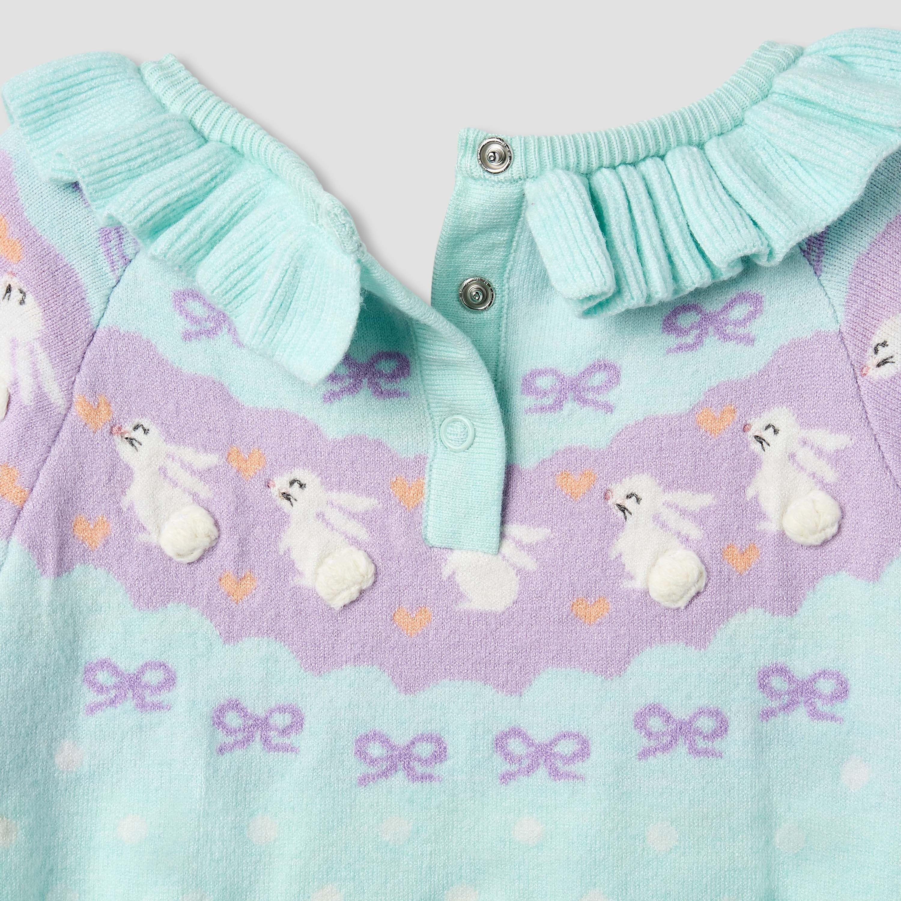 Juniors Bunny Print Romper with Long Sleeves and Ruffle