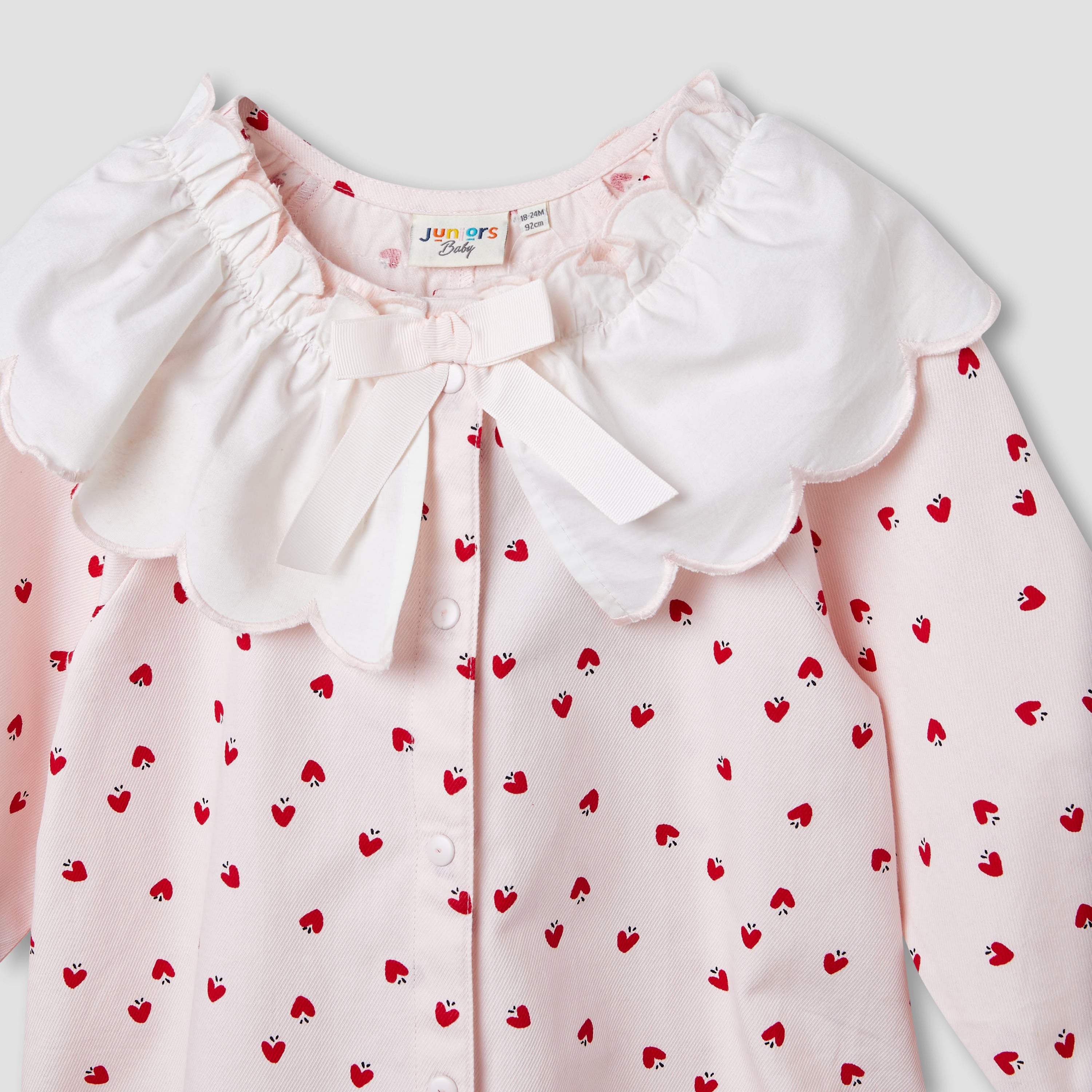 Juniors Printed Romper with Collar and Bow Accent