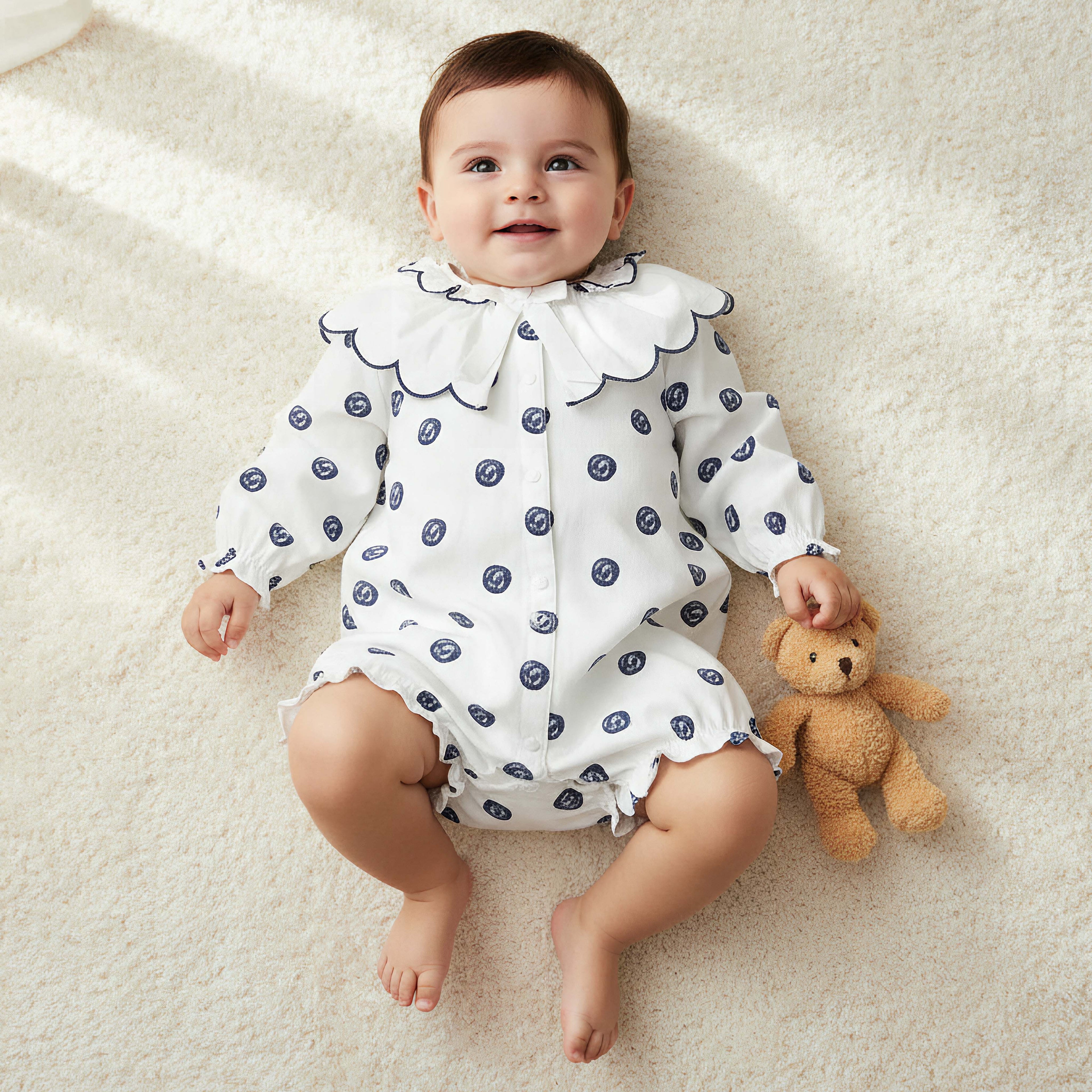 Juniors Printed Romper with Collar and Bow Accent